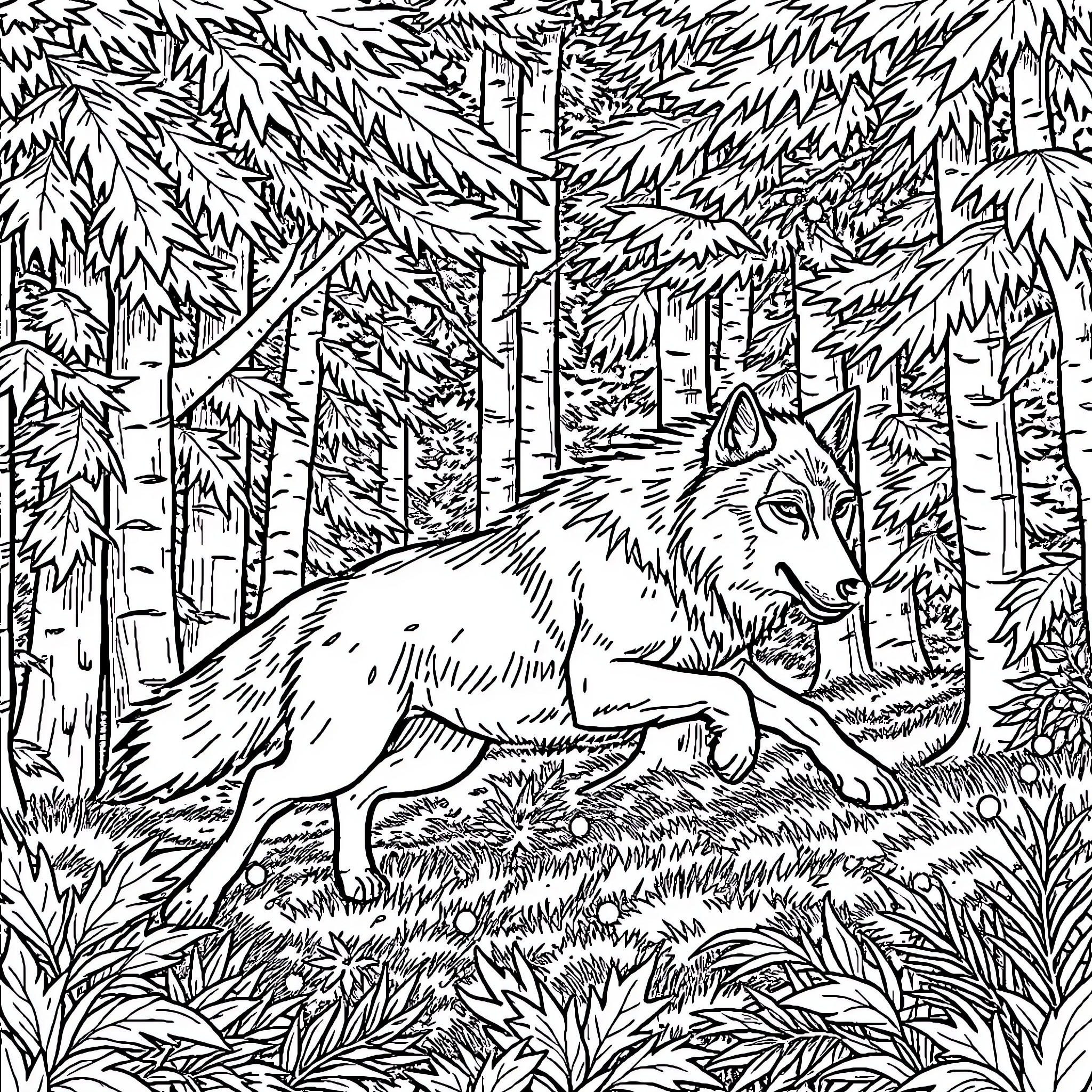 Wolf exploring the forest wilderness Coloring Page (free black-and-white line drawing printable PDF for all, from beginners to advanced learners, including children, teens, adults, and seniors)