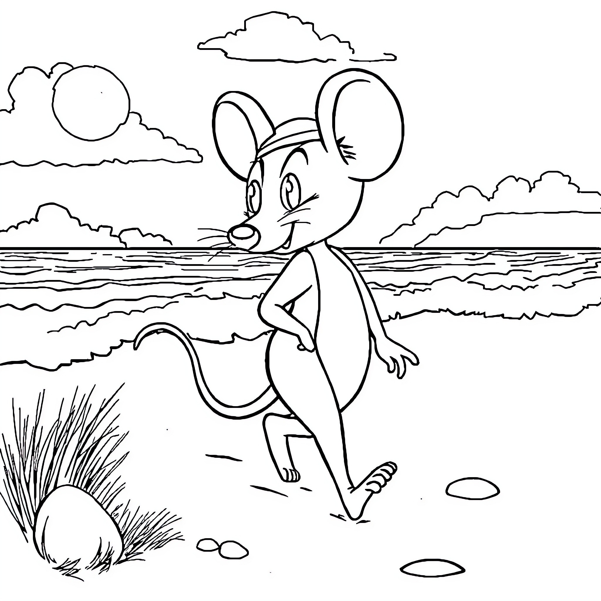 Mouse exploring the scenic beach landscape Coloring Page (free black-and-white line drawing printable PDF for all, from beginners to advanced learners, including children, teens, adults, and seniors)