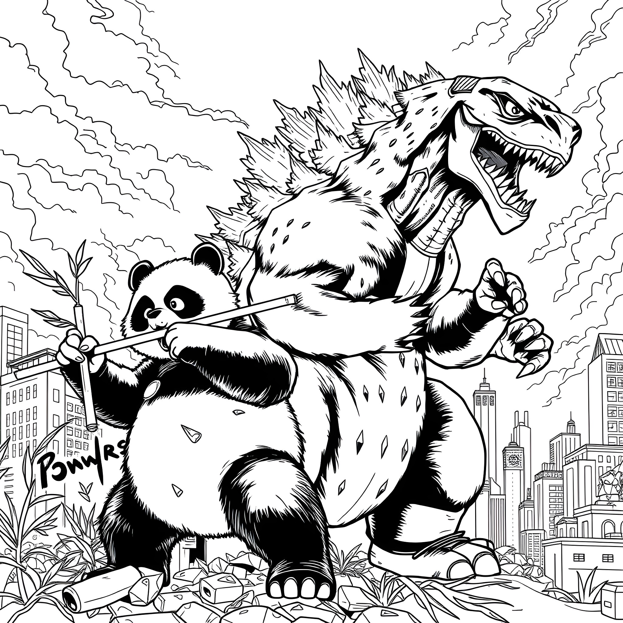 Panda vs. Kaiju in Urban Chaos Coloring Page (free black-and-white line drawing printable PDF for all, from beginners to advanced learners, including children, teens, adults, and seniors)