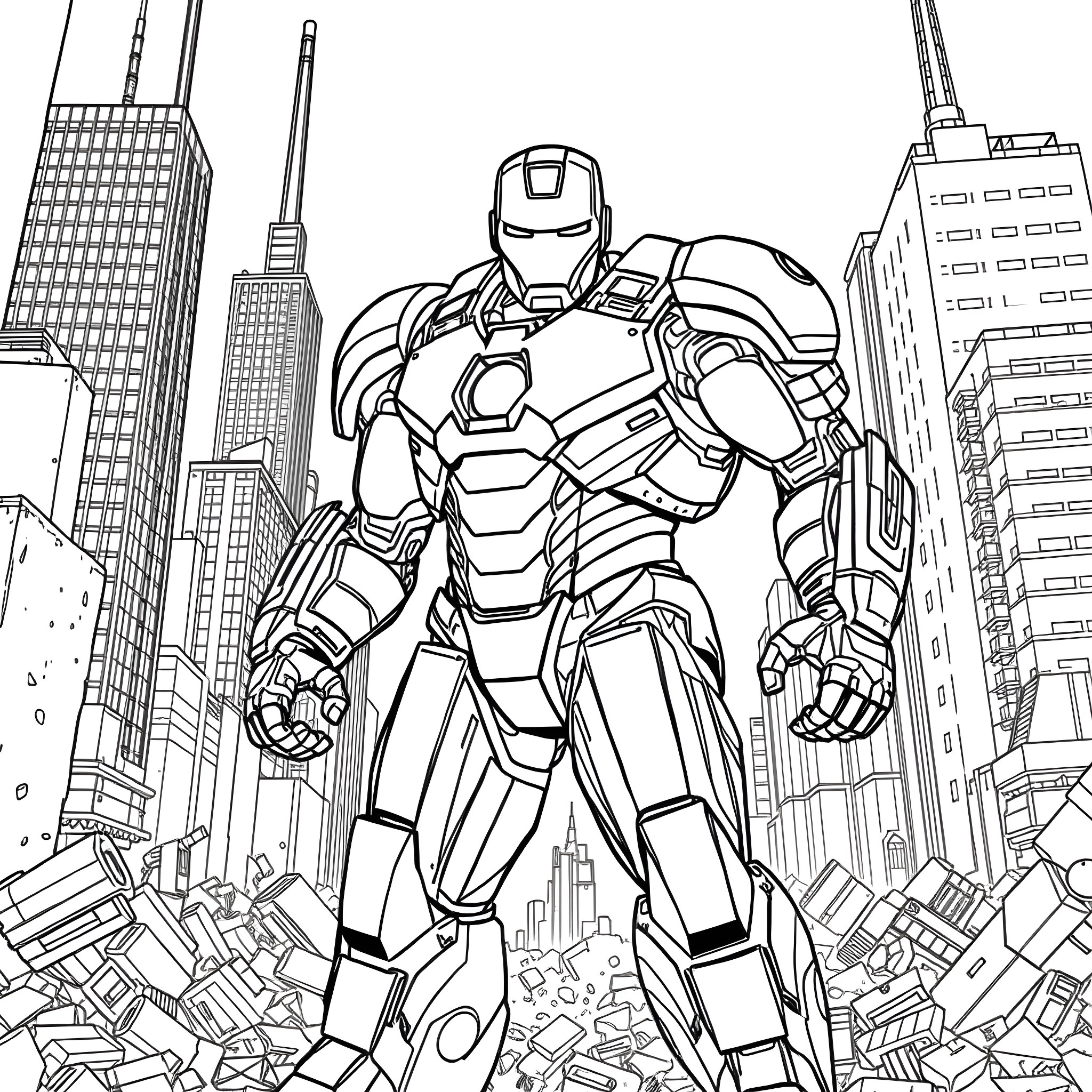 Ironman standing tall among the city skyscrapers Coloring Page (free black-and-white line drawing printable PDF for all, from beginners to advanced learners, including children, teens, adults, and seniors)