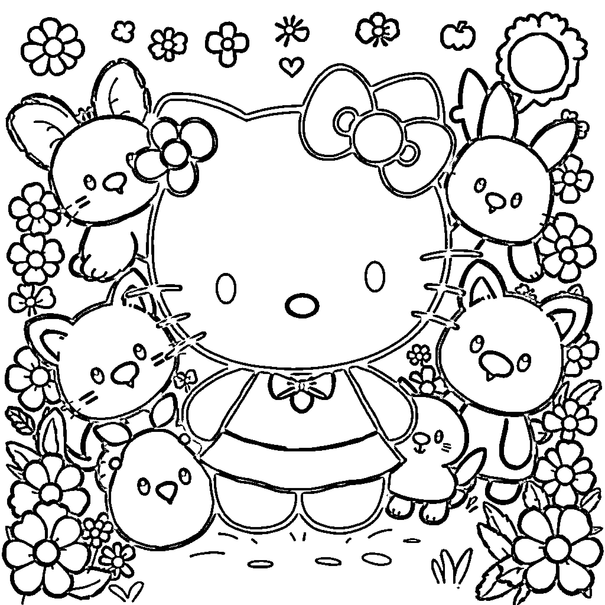 Hello Kitty surrounded by adorable friends and flowers Coloring Page (free black-and-white line drawing printable PDF for all, from beginners to advanced learners, including children, teens, adults, and seniors)