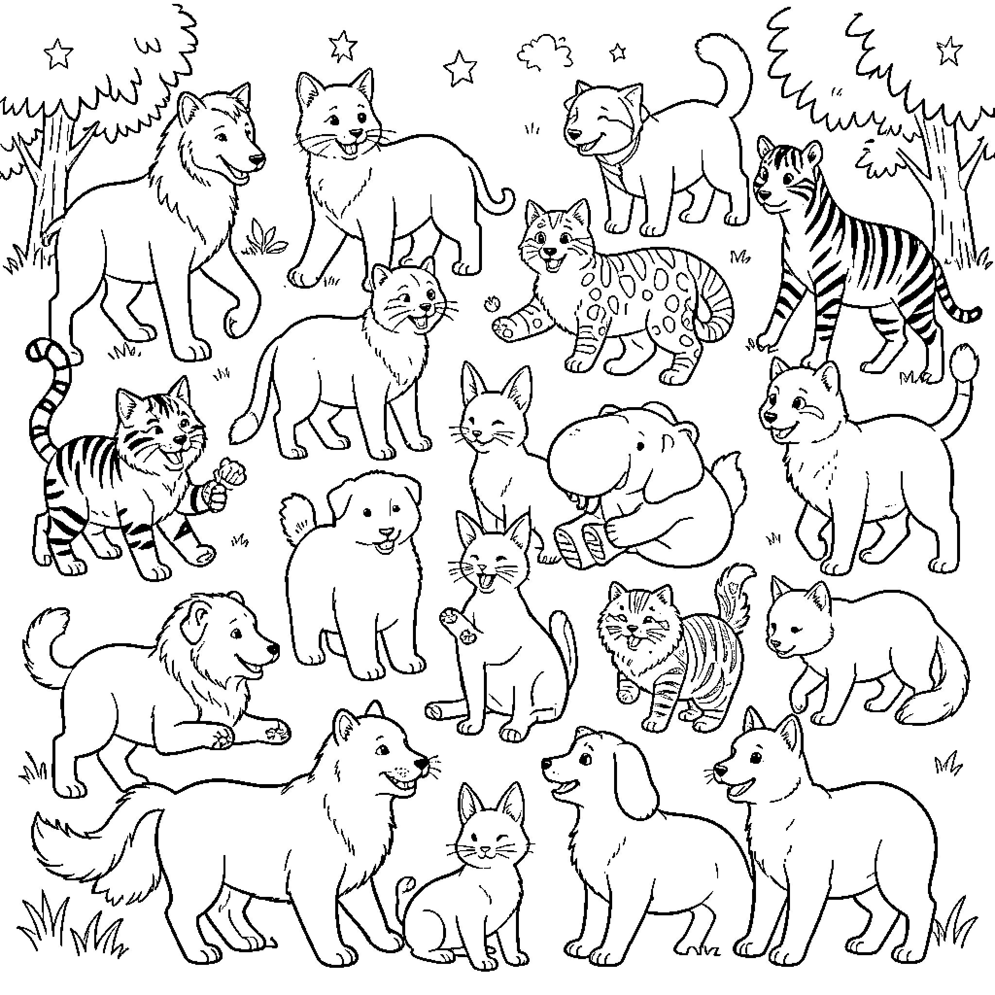 Animal friends in the wild Coloring Page (free black-and-white line drawing printable PDF for all, from beginners to advanced learners, including children, teens, adults, and seniors)