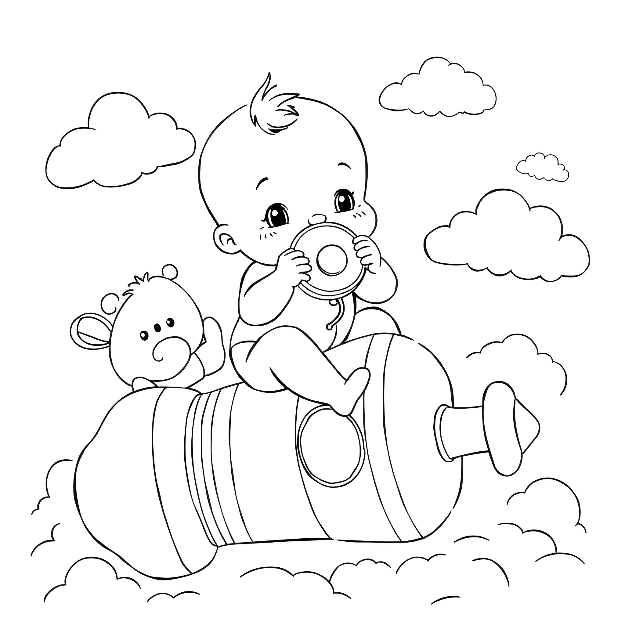Baby playing on a rocking horse in the clouds Coloring Page (free black-and-white line drawing printable PDF for all, from beginners to advanced learners, including children, teens, adults, and seniors)