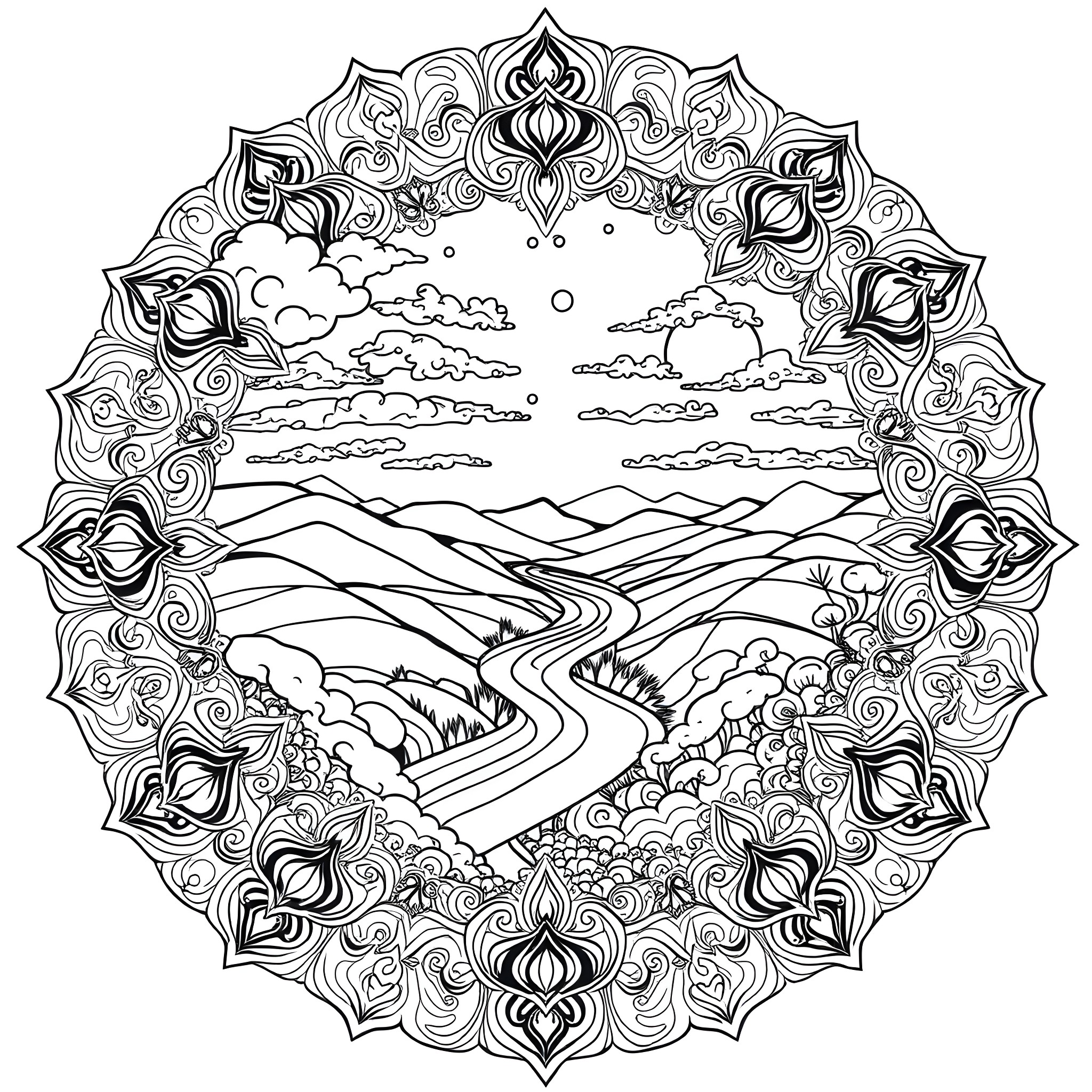 Landscape scene with ornamental mandala frame Coloring Page (free black-and-white line drawing printable PDF for all, from beginners to advanced learners, including children, teens, adults, and seniors)