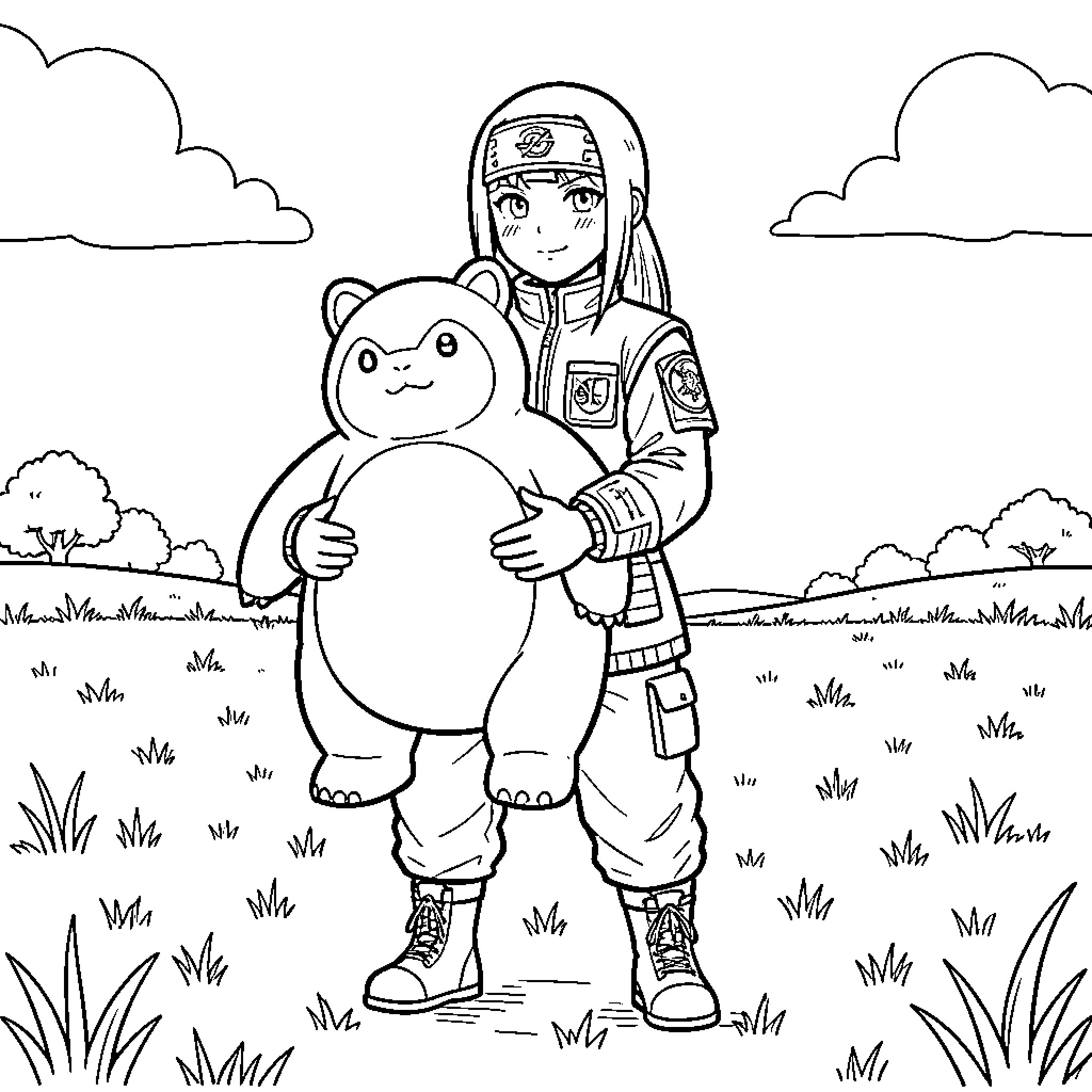 Ninja girl hugging a large stuffed animal outdoors Coloring Page (free black-and-white line drawing printable PDF for all, from beginners to advanced learners, including children, teens, adults, and seniors)