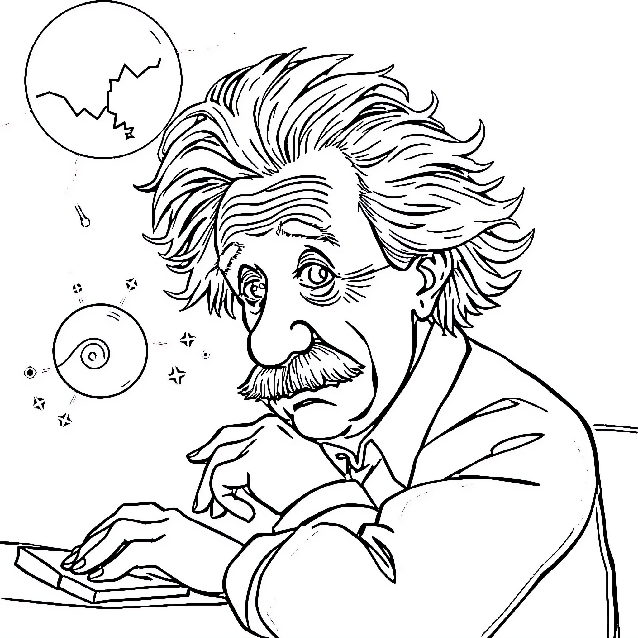 Einstein pondering scientific theories and discoveries Coloring Page (free black-and-white line drawing printable PDF for all, from beginners to advanced learners, including children, teens, adults, and seniors)