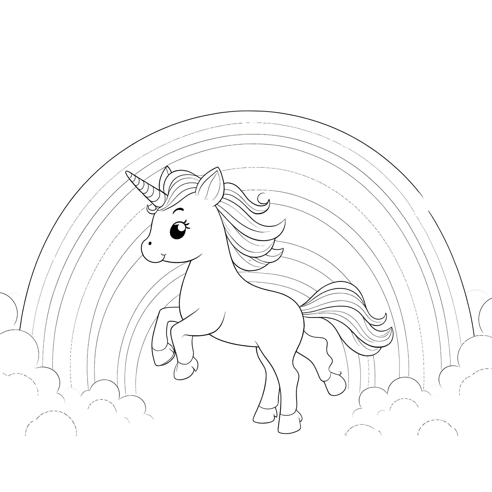 Unicorn standing against a rainbow backdrop Coloring Page (free black-and-white line drawing printable PDF for all, from beginners to advanced learners, including children, teens, adults, and seniors)