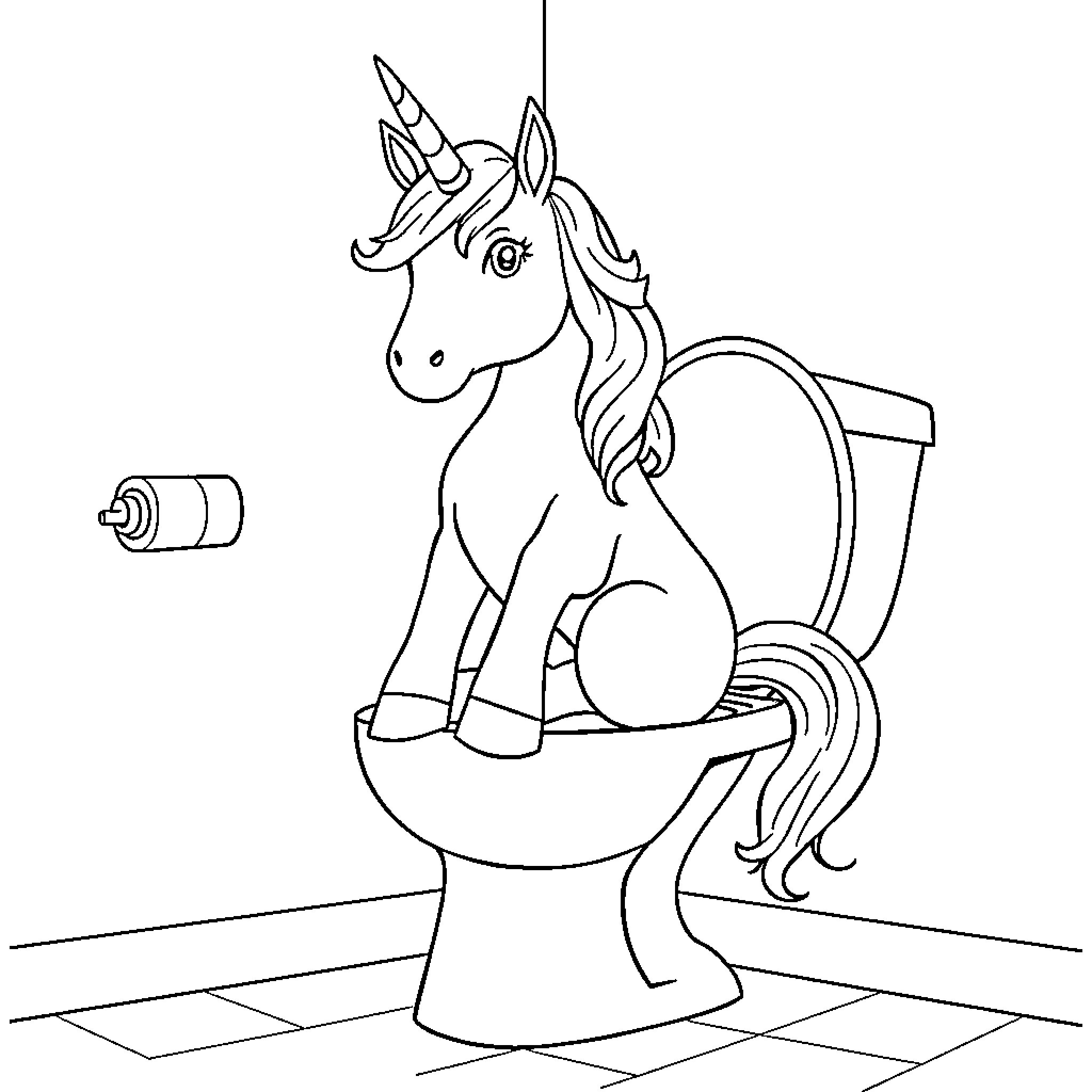 Licorne sitting on the toilet bowl Coloring Page (free black-and-white line drawing printable PDF for all, from beginners to advanced learners, including children, teens, adults, and seniors)