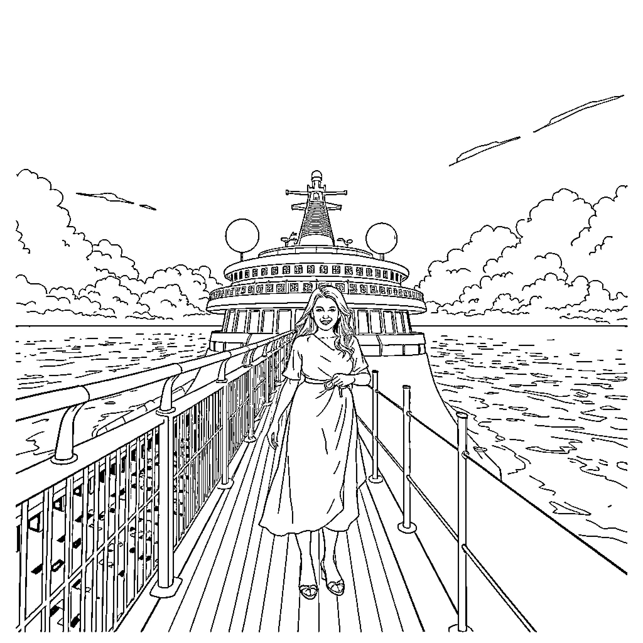 Woman standing on a bridge overlooking a temple in the distance Coloring Page (free black-and-white line drawing printable PDF for all, from beginners to advanced learners, including children, teens, adults, and seniors)