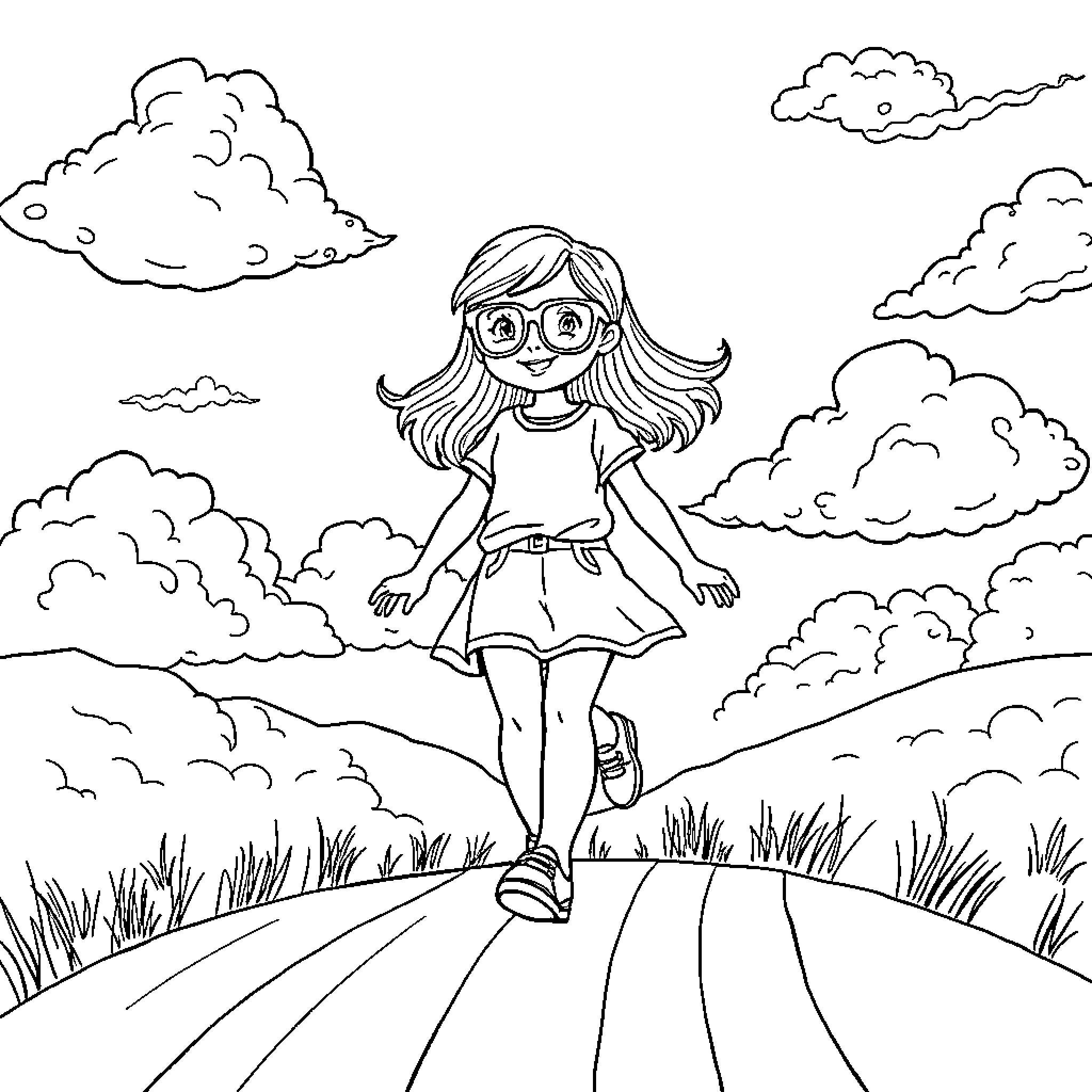 Girl exploring the scenic outdoors Coloring Page (free black-and-white line drawing printable PDF for all, from beginners to advanced learners, including children, teens, adults, and seniors)