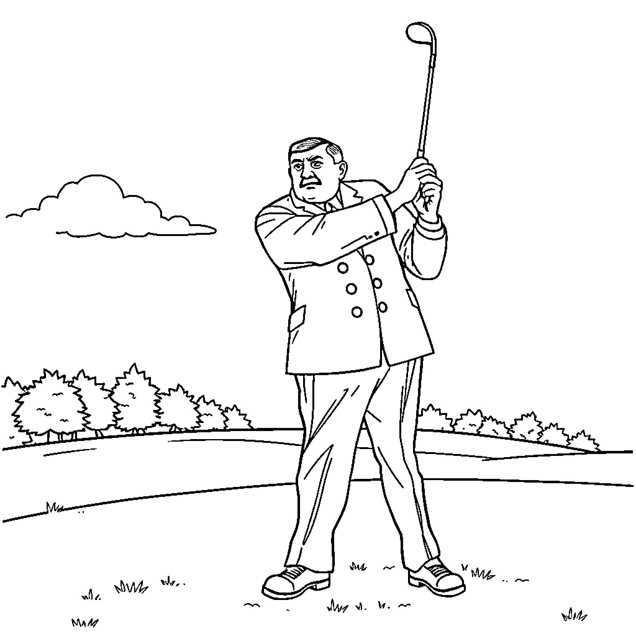 Adolf Hitler walking with cane in park Coloring Page (free black-and-white line drawing printable PDF for all, from beginners to advanced learners, including children, teens, adults, and seniors)