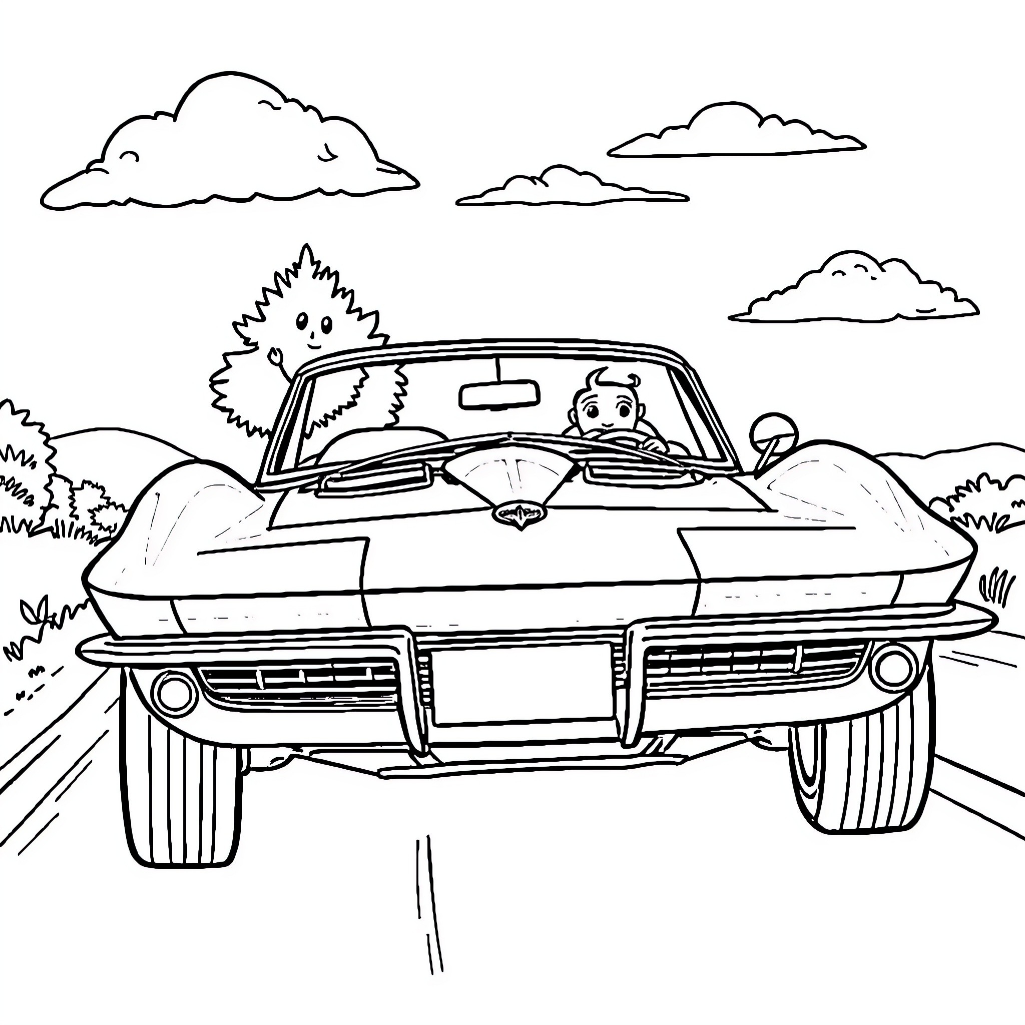 Bluey's Retro Car Adventure Coloring Page (free black-and-white line drawing printable PDF for all, from beginners to advanced learners, including children, teens, adults, and seniors)
