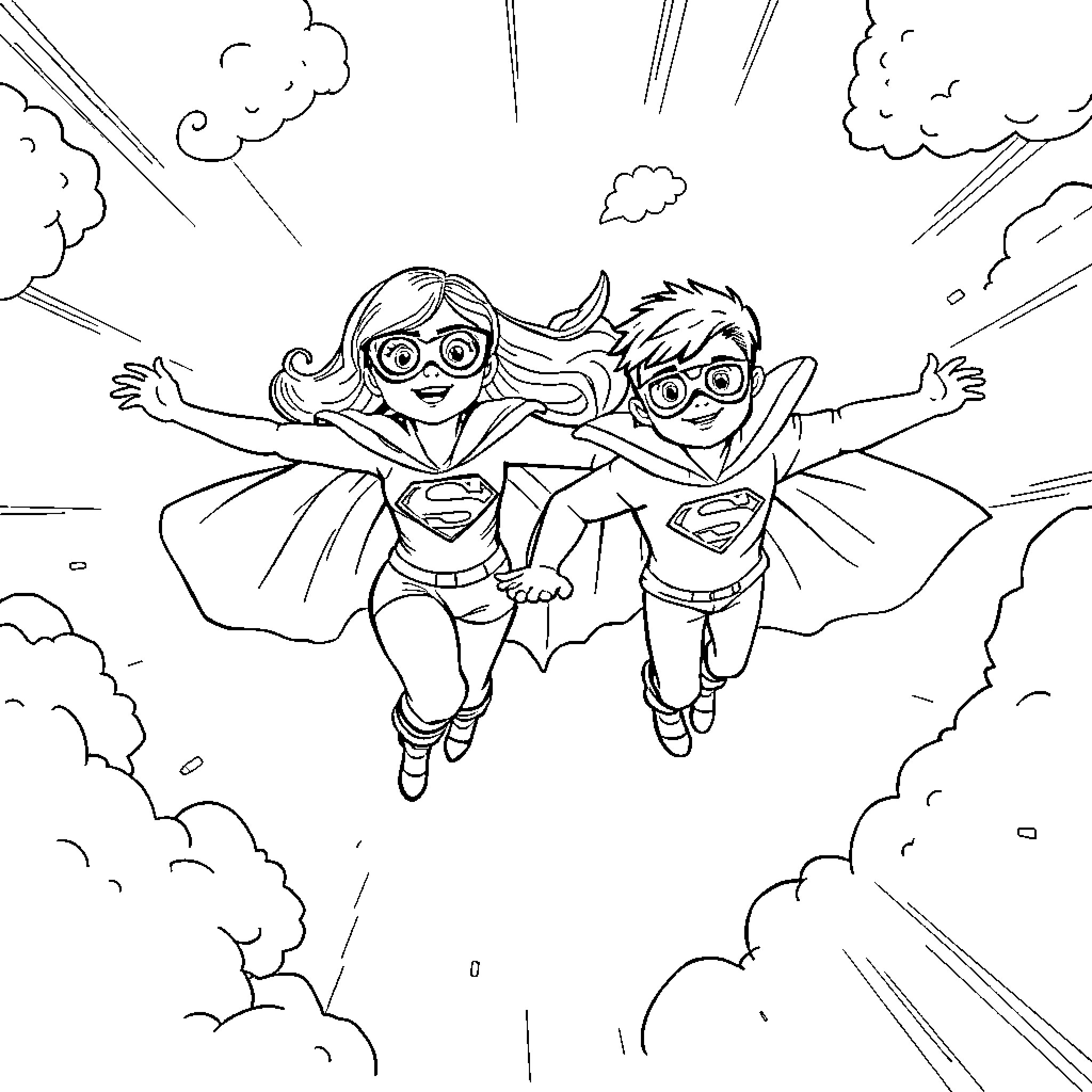 Superhero kids soaring through the sky Coloring Page (free black-and-white line drawing printable PDF for all, from beginners to advanced learners, including children, teens, adults, and seniors)