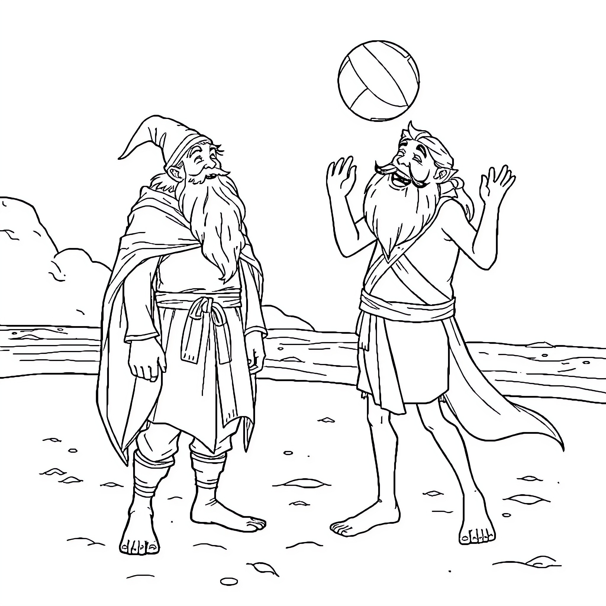 Gandalf and Aragorn playing with a ball on the beach Coloring Page (free black-and-white line drawing printable PDF for all, from beginners to advanced learners, including children, teens, adults, and seniors)