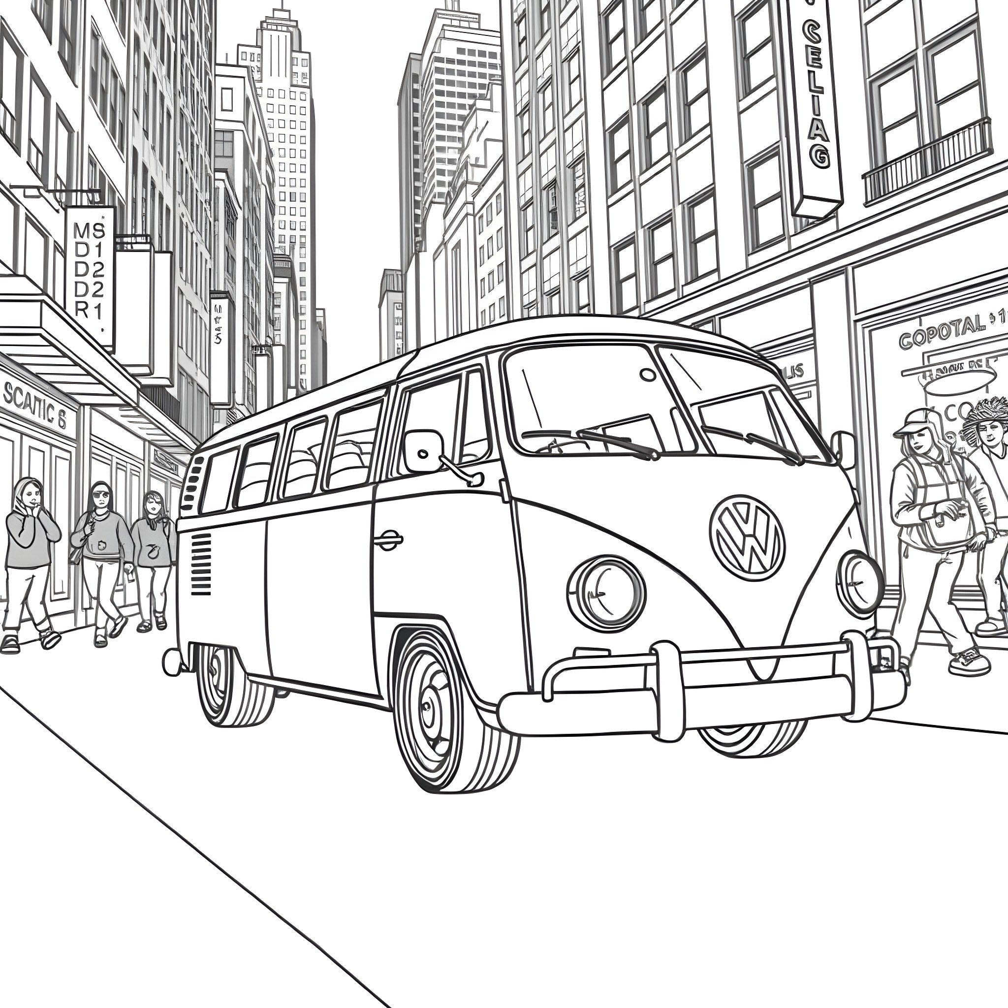 VW Bus in a Bustling City Scene Coloring Page (free black-and-white line drawing printable PDF for all, from beginners to advanced learners, including children, teens, adults, and seniors)