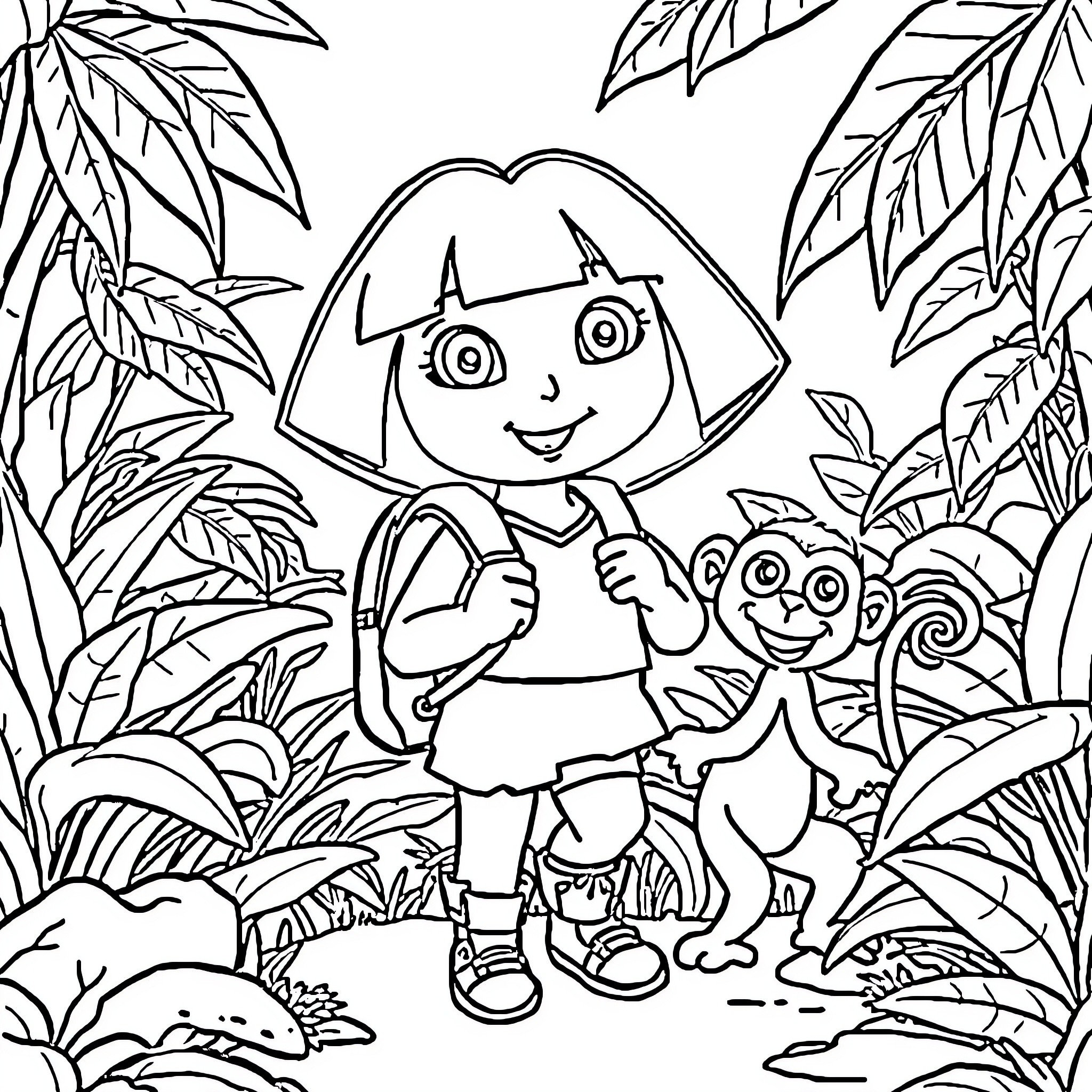 Dora's jungle adventure with Boots the monkey Coloring Page (free black-and-white line drawing printable PDF for all, from beginners to advanced learners, including children, teens, adults, and seniors)