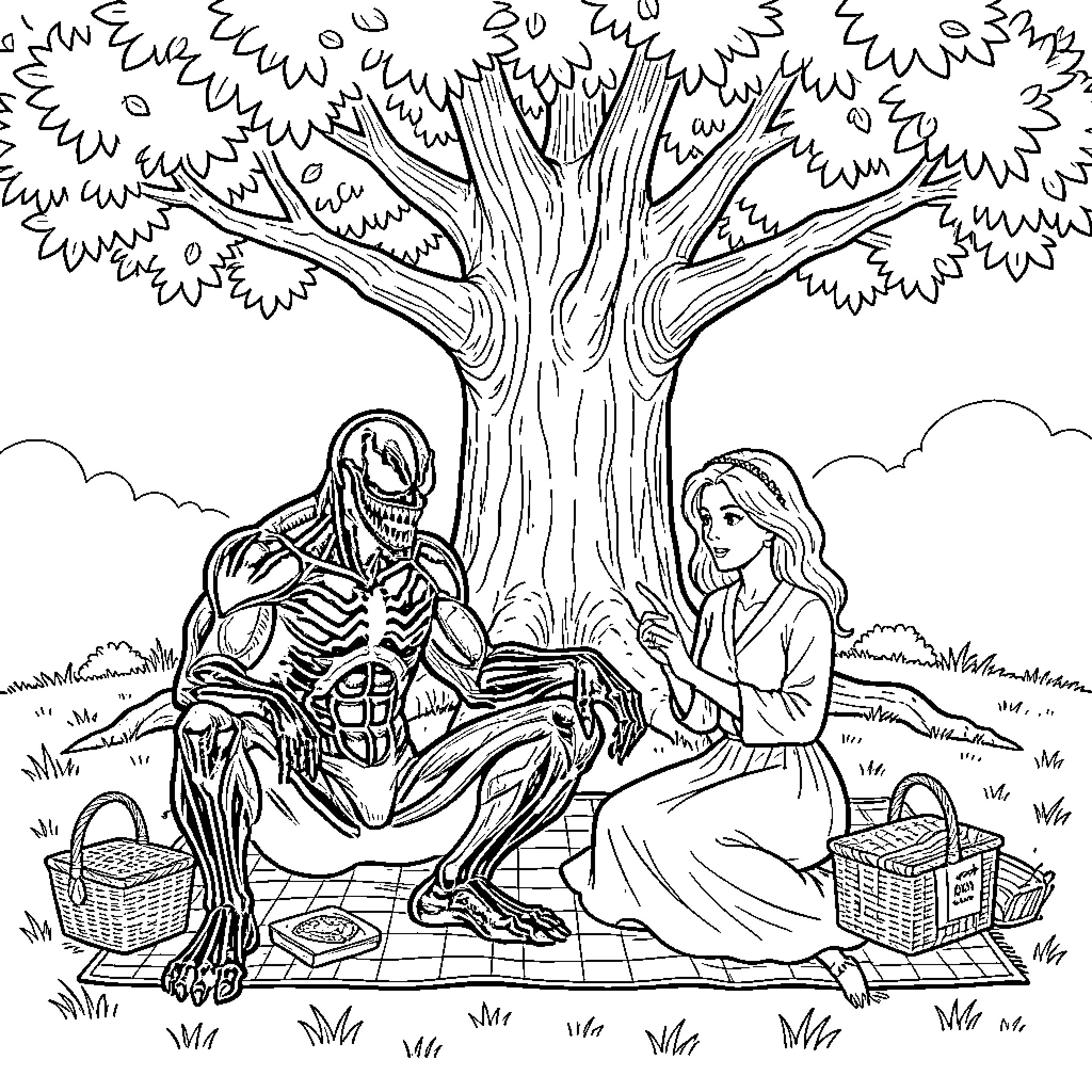 Venom sitting on a picnic blanket with a girl Coloring Page (free black-and-white line drawing printable PDF for all, from beginners to advanced learners, including children, teens, adults, and seniors)