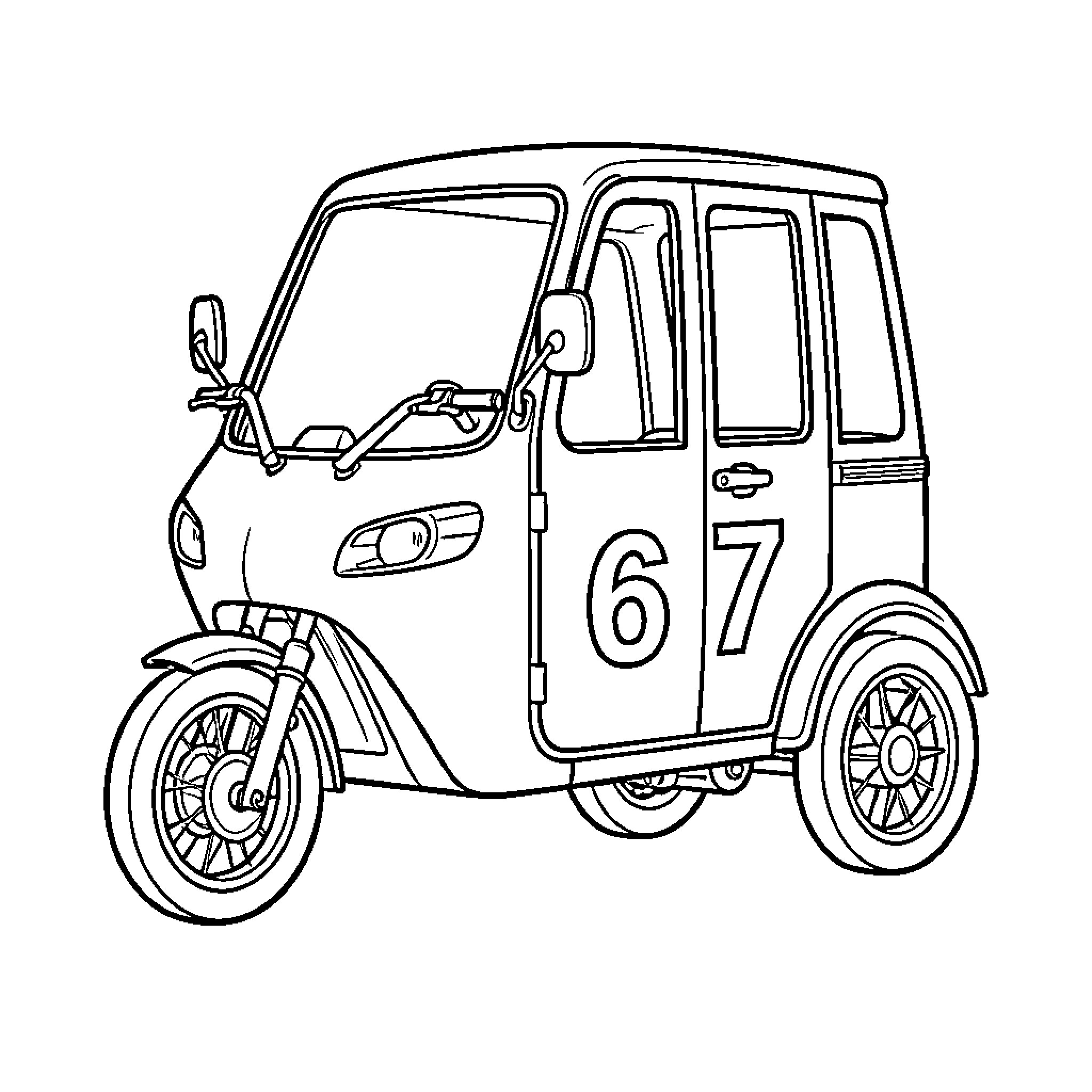 Four Wheeler Transporting Passenger on City Street Coloring Page (free black-and-white line drawing printable PDF for all, from beginners to advanced learners, including children, teens, adults, and seniors)