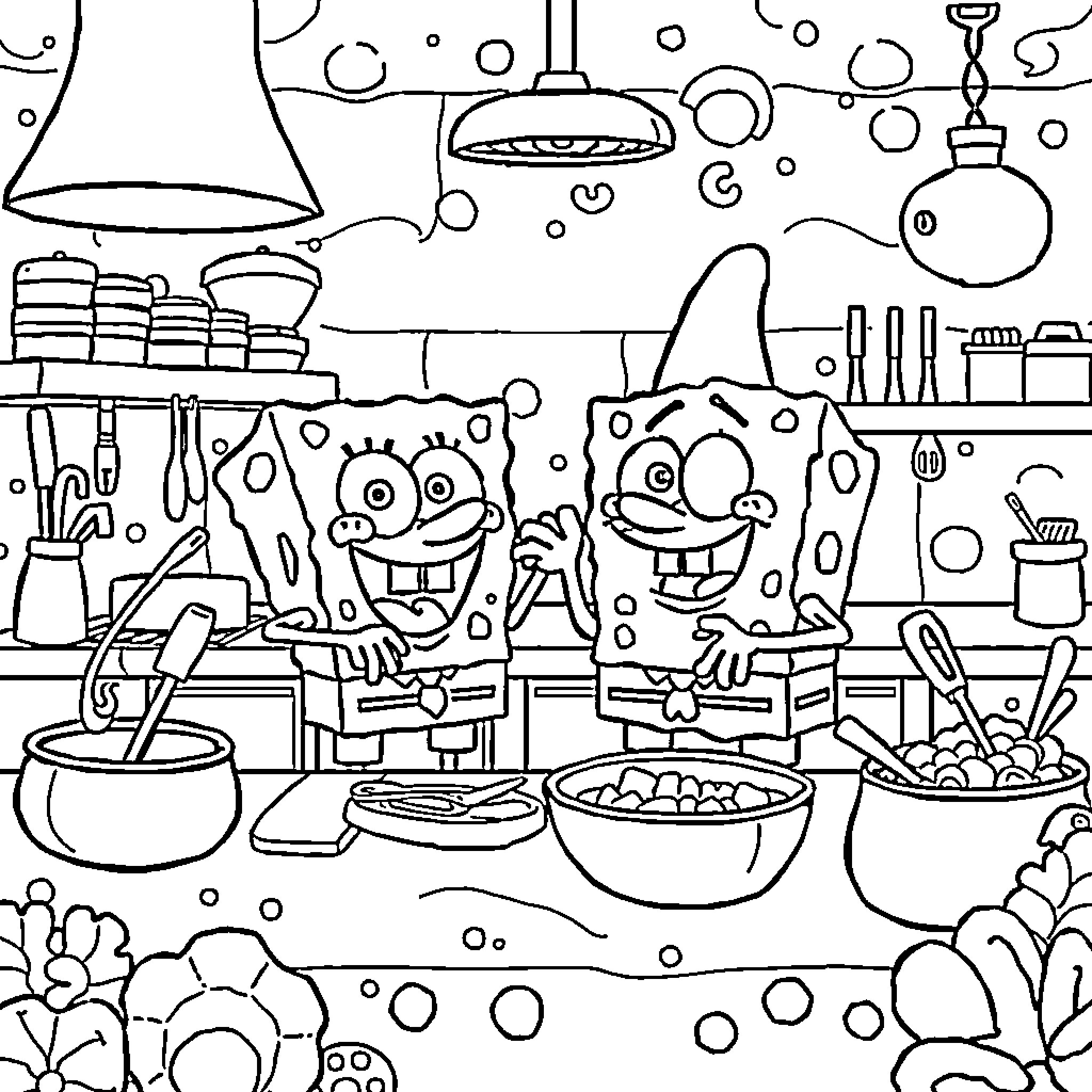Spongebob and Patrick in a Colorful Kitchen Coloring Page (free black-and-white line drawing printable PDF for all, from beginners to advanced learners, including children, teens, adults, and seniors)