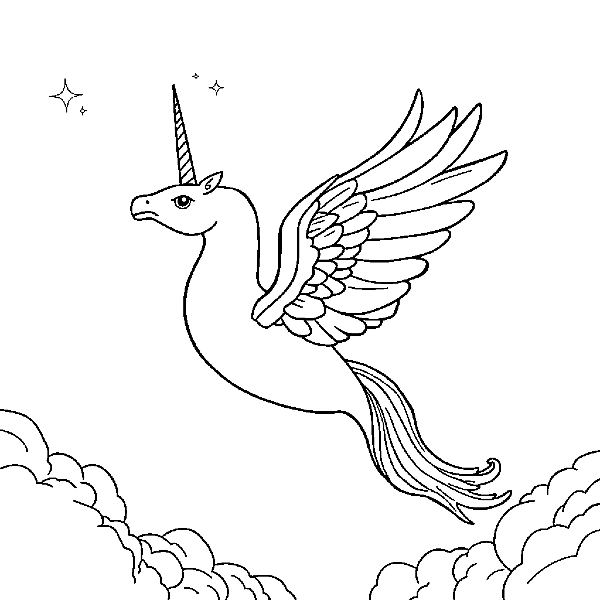 Flying Unicorn soaring through the clouds Coloring Page (free black-and-white line drawing printable PDF for all, from beginners to advanced learners, including children, teens, adults, and seniors)