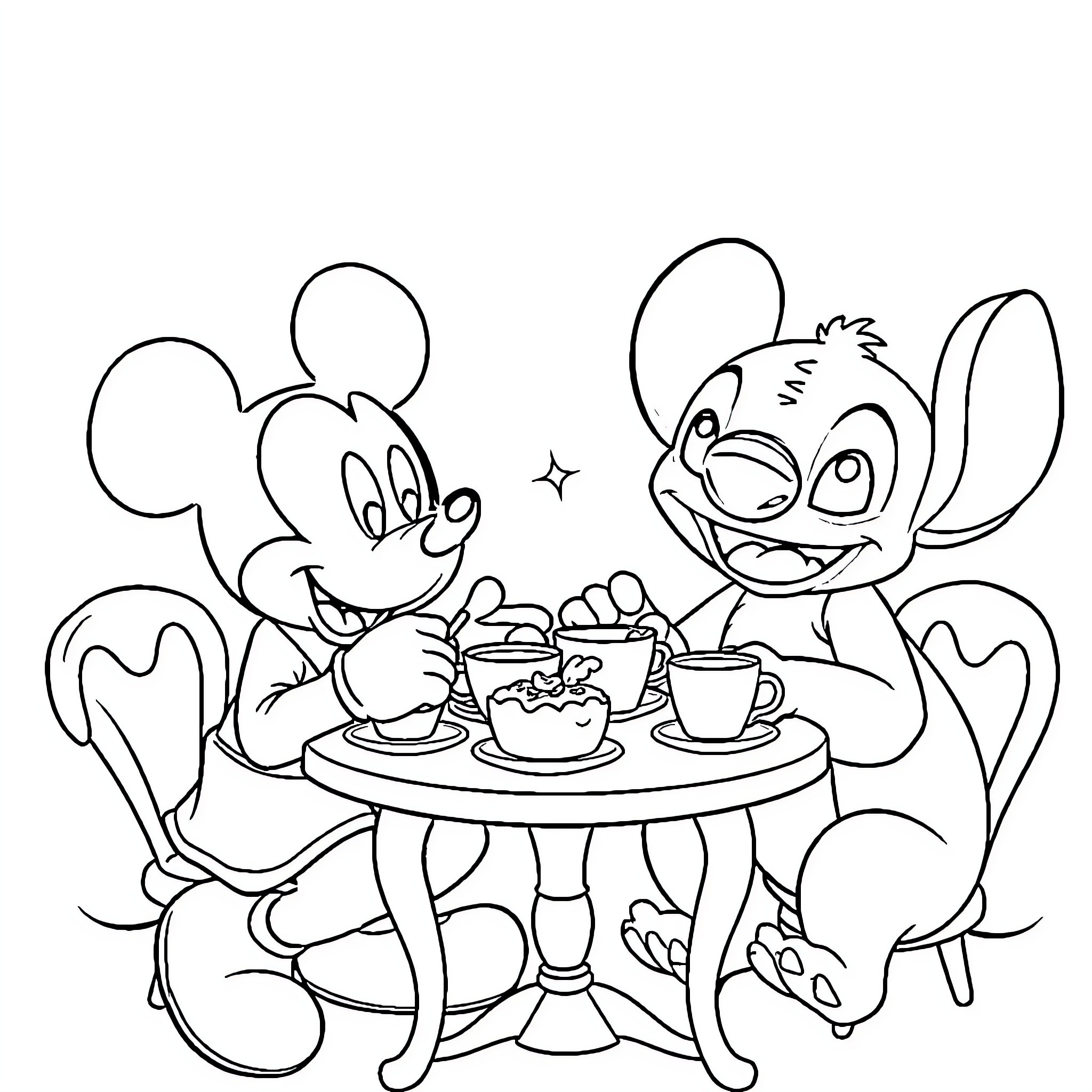 Mickey Mouse and Stitch having a tea party Coloring Page (free black-and-white line drawing printable PDF for all, from beginners to advanced learners, including children, teens, adults, and seniors)