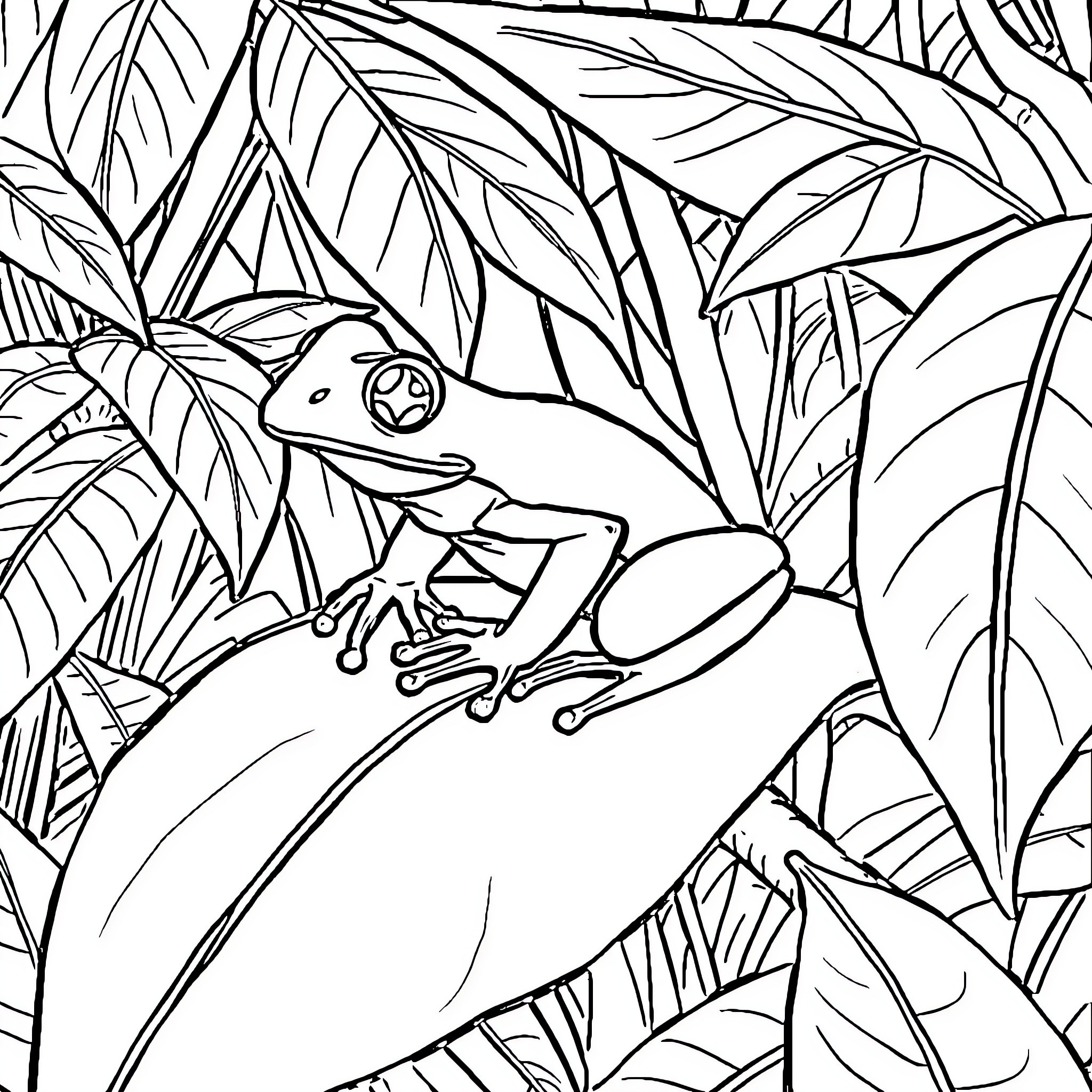 Tree Frog amid tropical foliage Coloring Page (free black-and-white line drawing printable PDF for all, from beginners to advanced learners, including children, teens, adults, and seniors)