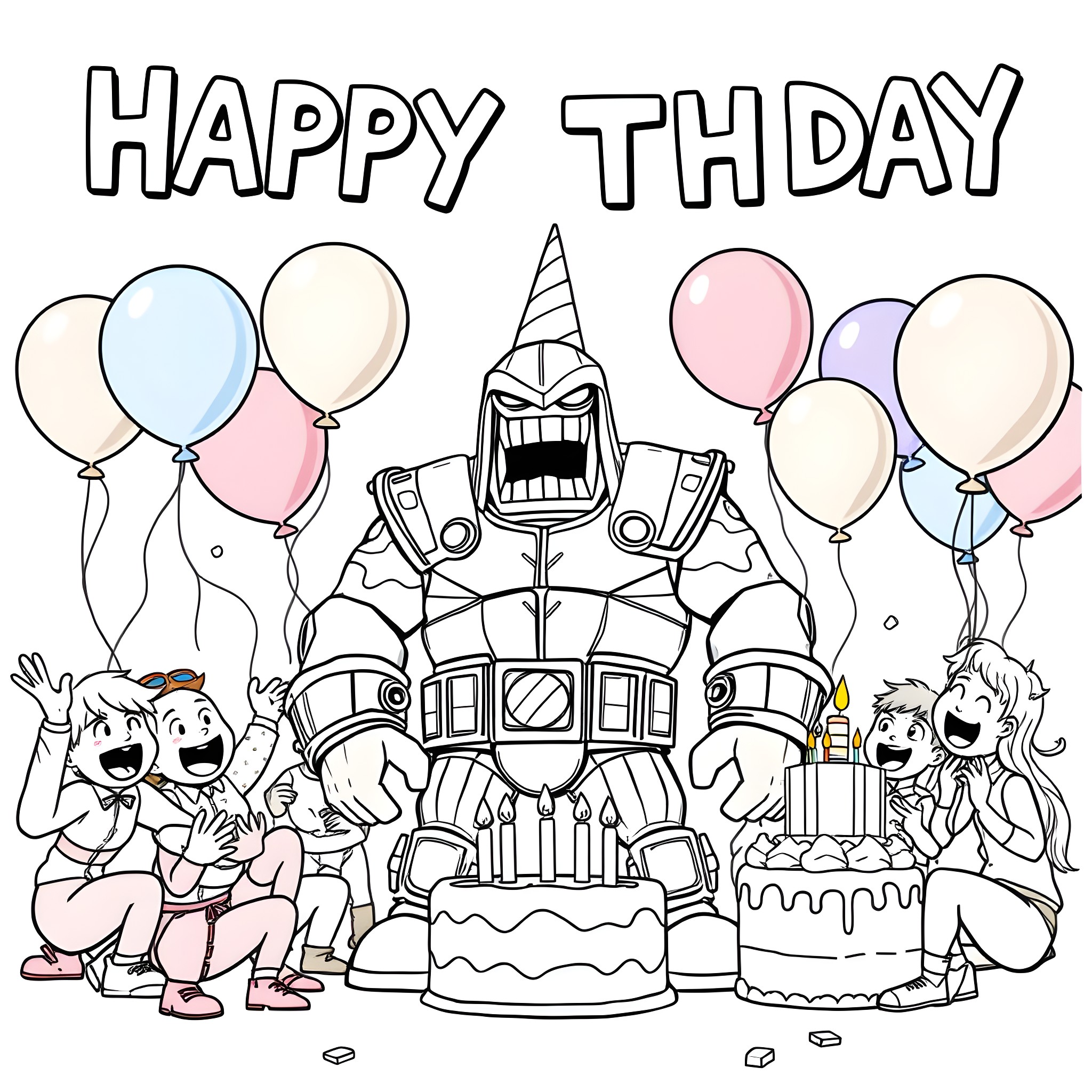Doom Guy celebrates a happy birthday with friends Coloring Page (free black-and-white line drawing printable PDF for all, from beginners to advanced learners, including children, teens, adults, and seniors)