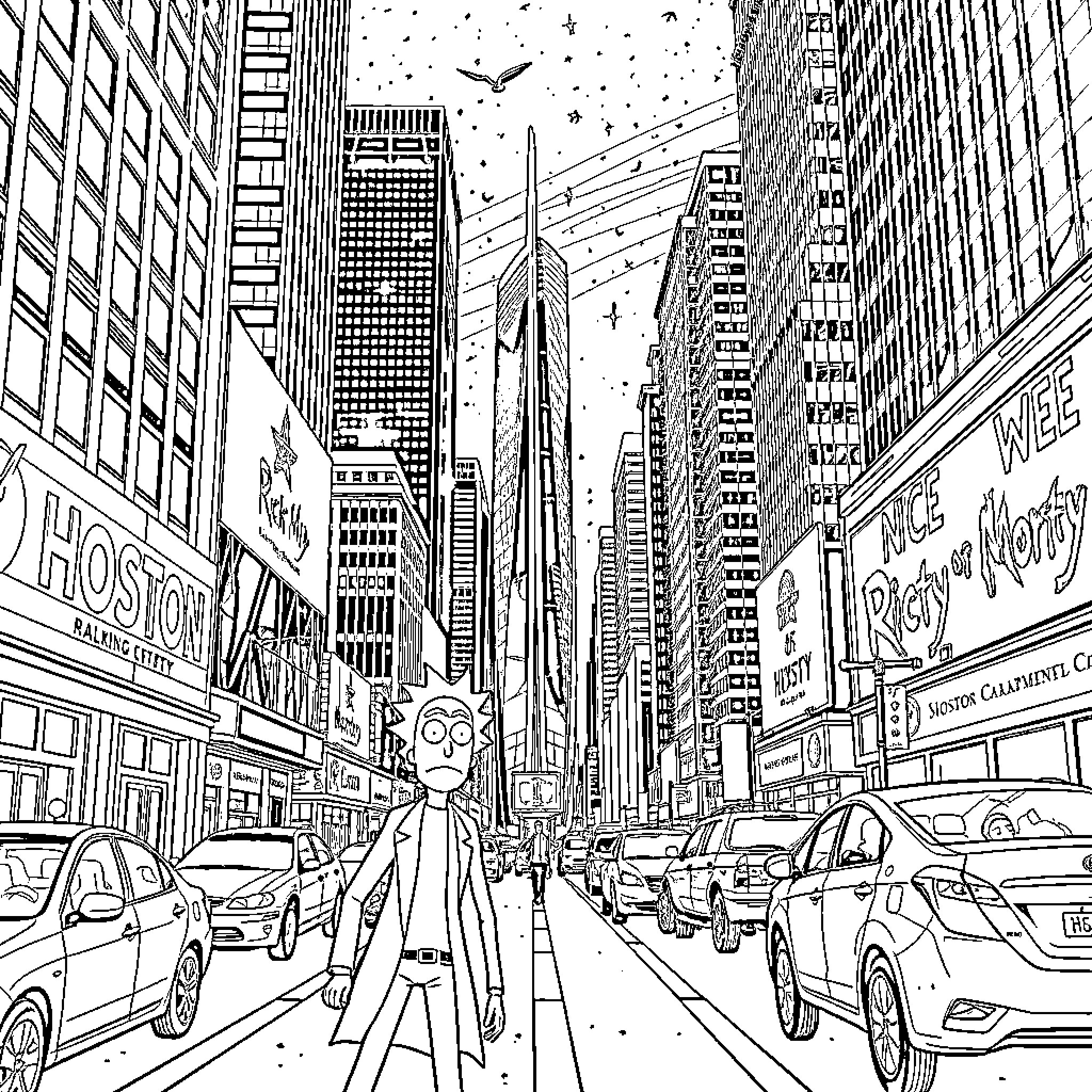 Rick's Thrilling Adventure in the Bustling City Coloring Page (free black-and-white line drawing printable PDF for all, from beginners to advanced learners, including children, teens, adults, and seniors)