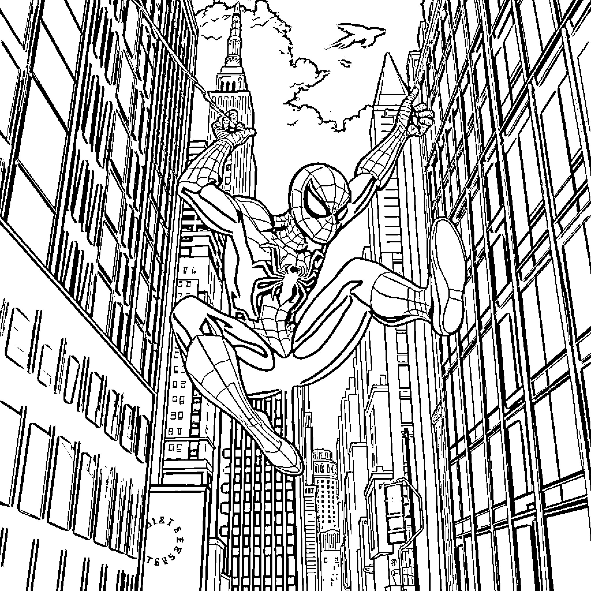 Spider-Man swinging through the city skyline Coloring Page (free black-and-white line drawing printable PDF for all, from beginners to advanced learners, including children, teens, adults, and seniors)