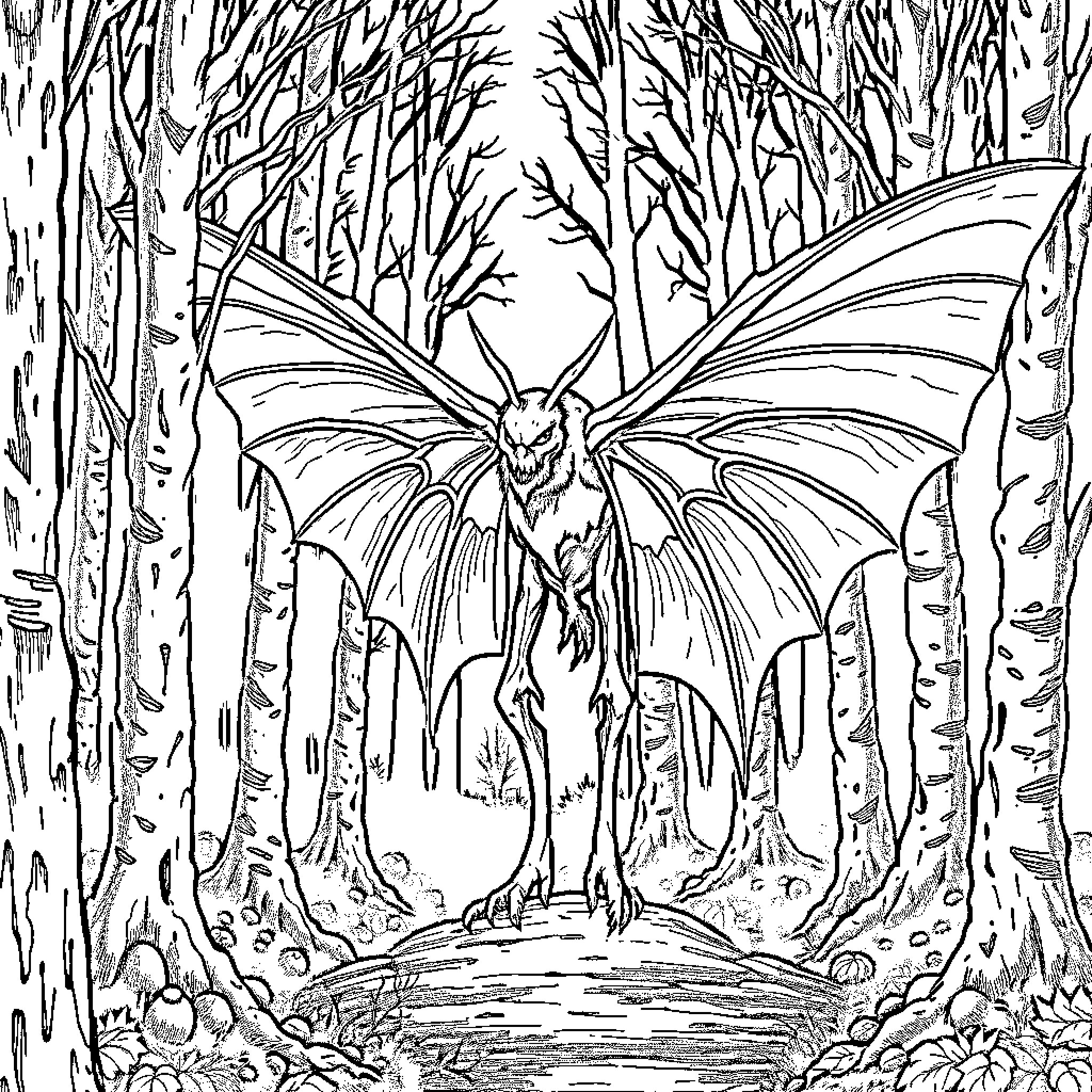 Mothman perched in the eerie forest Coloring Page (free black-and-white line drawing printable PDF for all, from beginners to advanced learners, including children, teens, adults, and seniors)