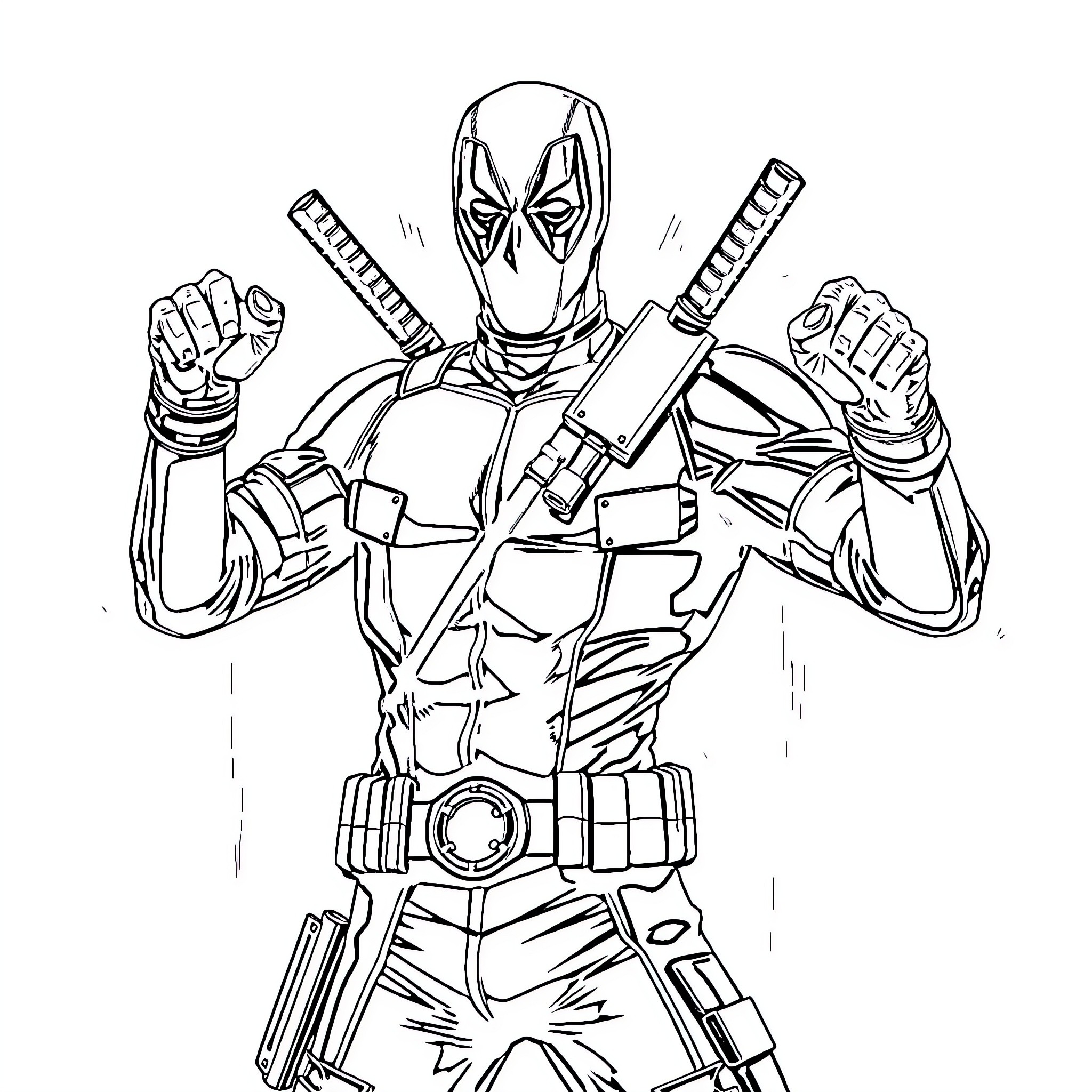 Deadpool in action-packed pose with weapons Coloring Page (free black-and-white line drawing printable PDF for all, from beginners to advanced learners, including children, teens, adults, and seniors)