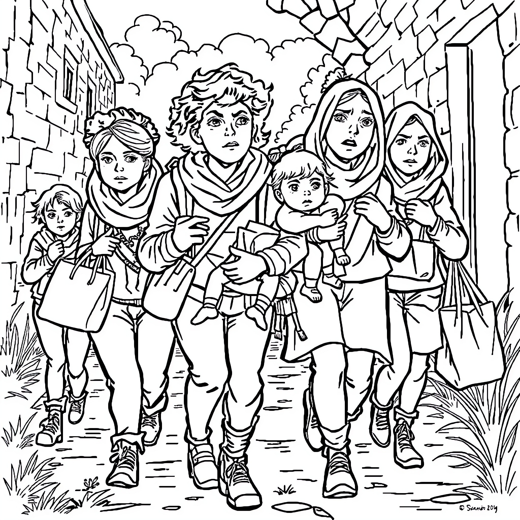 Person in distress walking with group in urban setting Coloring Page (free black-and-white line drawing printable PDF for all, from beginners to advanced learners, including children, teens, adults, and seniors)