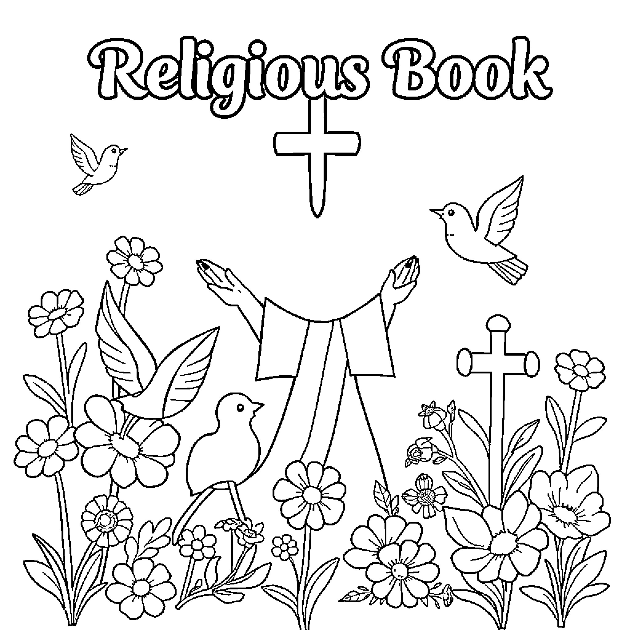 Faith in the Holy Book and Nature Coloring Page (free black-and-white line drawing printable PDF for all, from beginners to advanced learners, including children, teens, adults, and seniors)