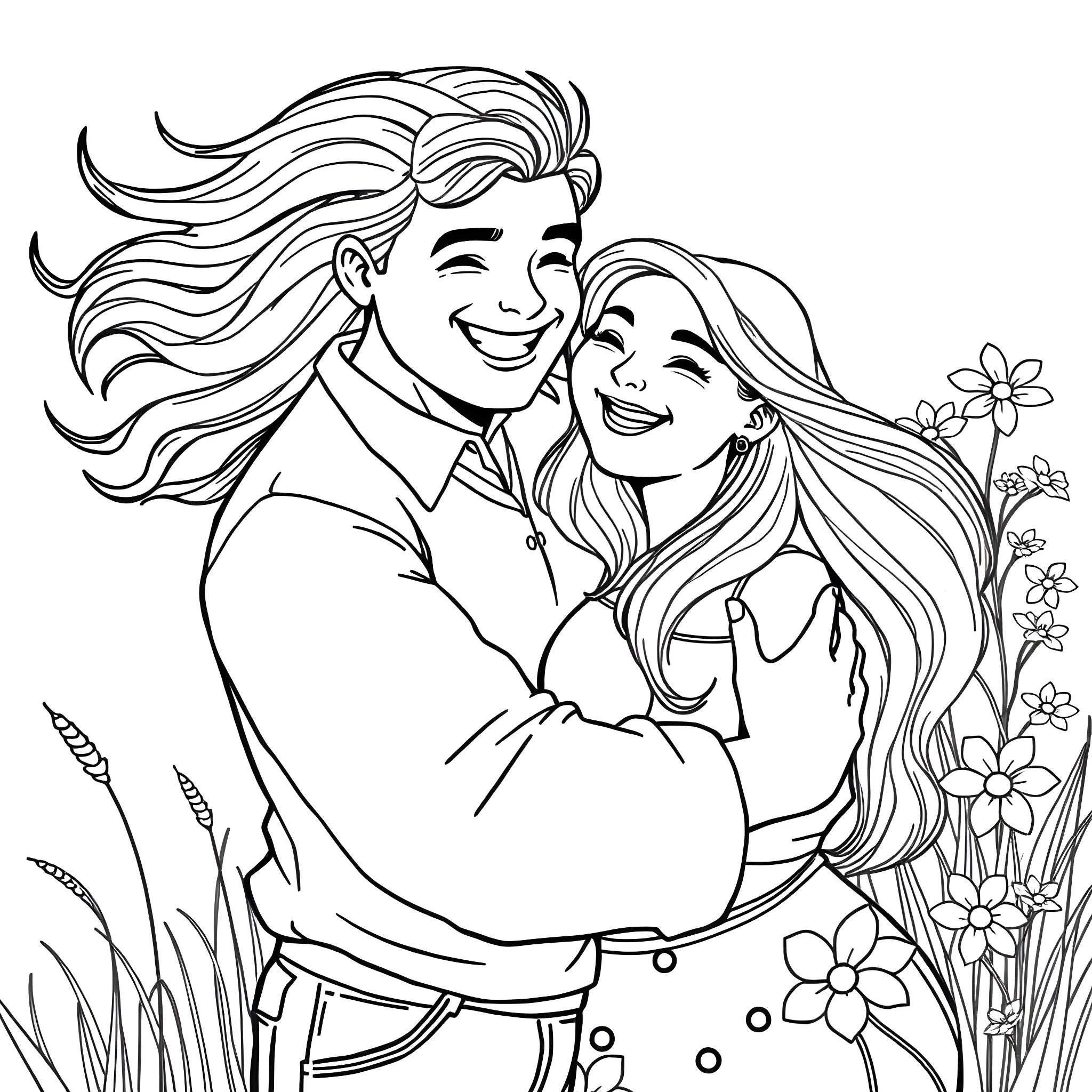 Man embracing woman in a flowery field Coloring Page (free black-and-white line drawing printable PDF for all, from beginners to advanced learners, including children, teens, adults, and seniors)