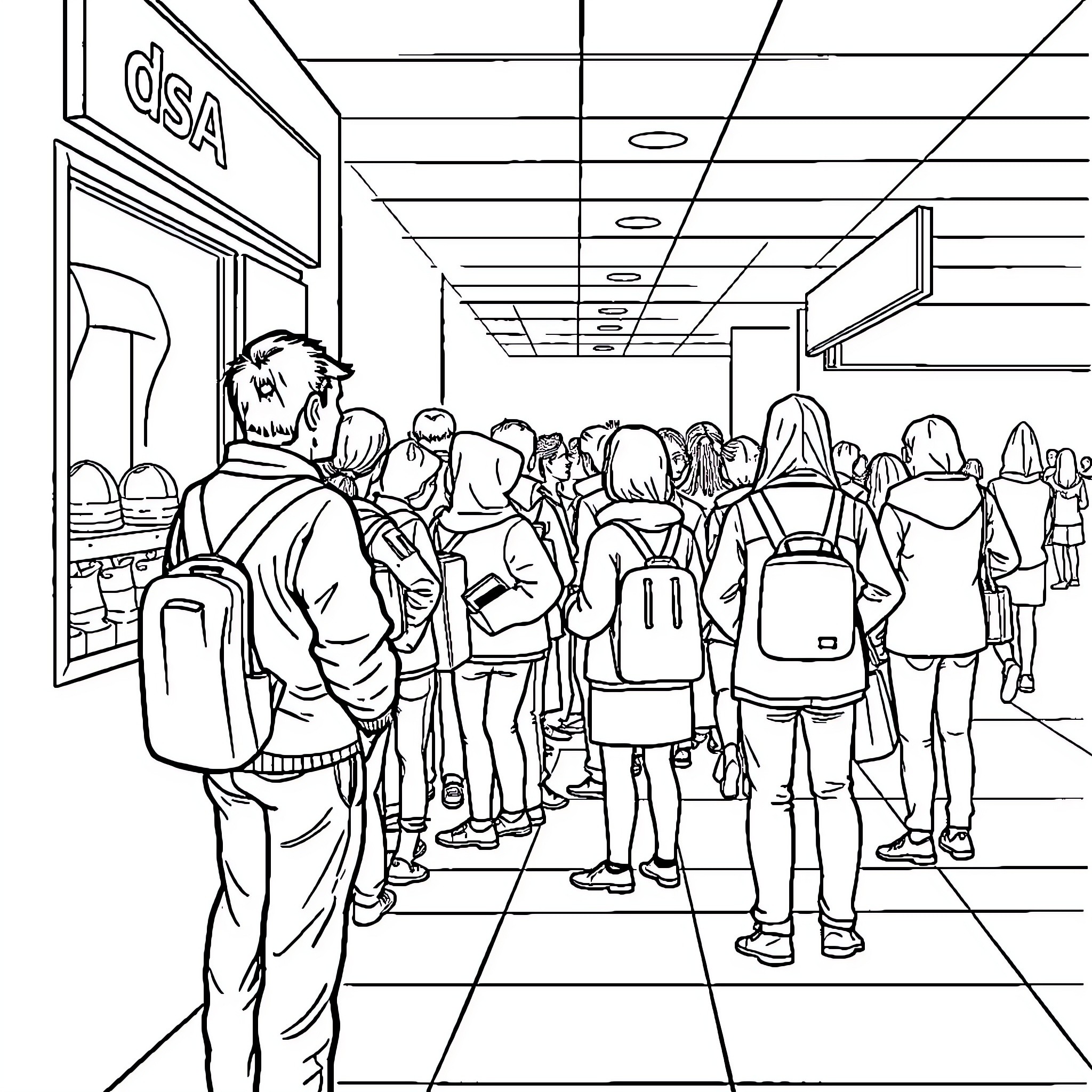 Allocataire people waiting in line at DSA office Coloring Page (free black-and-white line drawing printable PDF for all, from beginners to advanced learners, including children, teens, adults, and seniors)