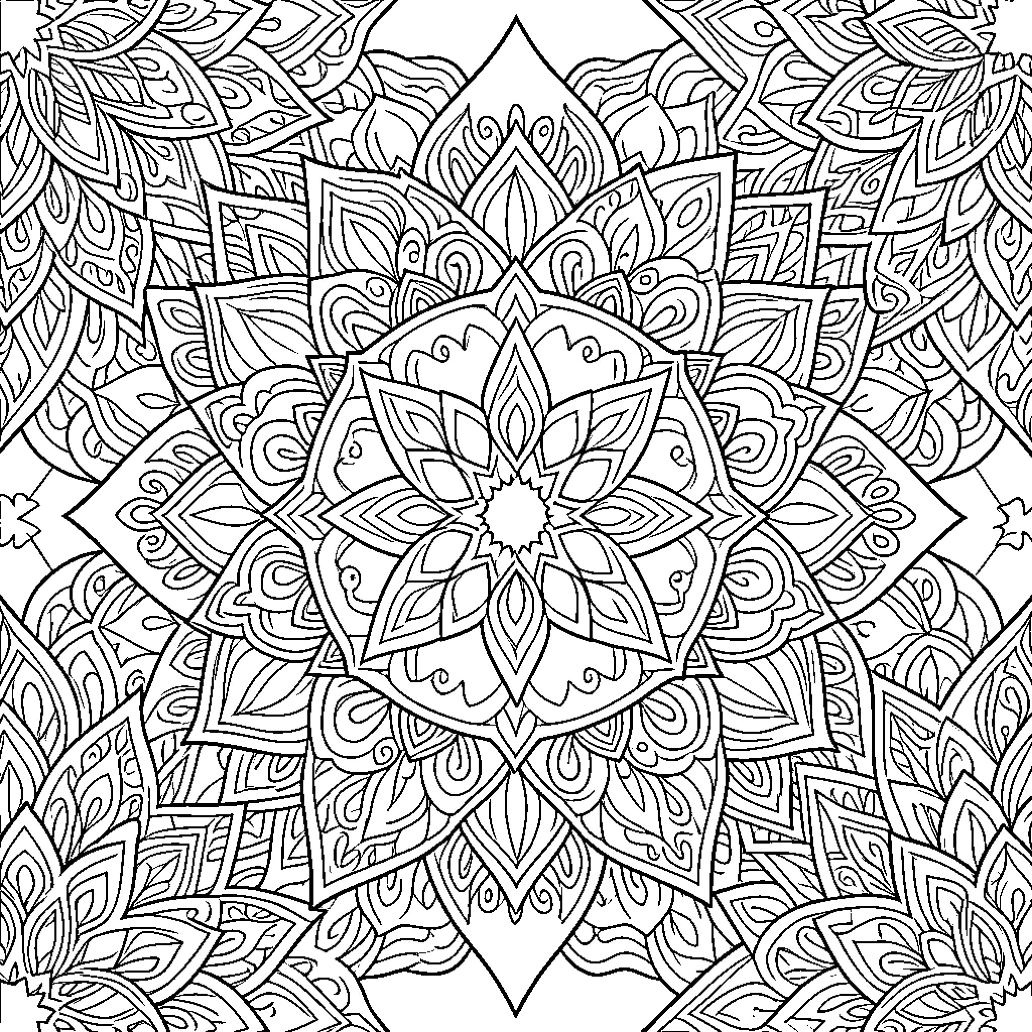 Mandala patterns featuring intricate floral petal designs Coloring Page (free black-and-white line drawing printable PDF for all, from beginners to advanced learners, including children, teens, adults, and seniors)