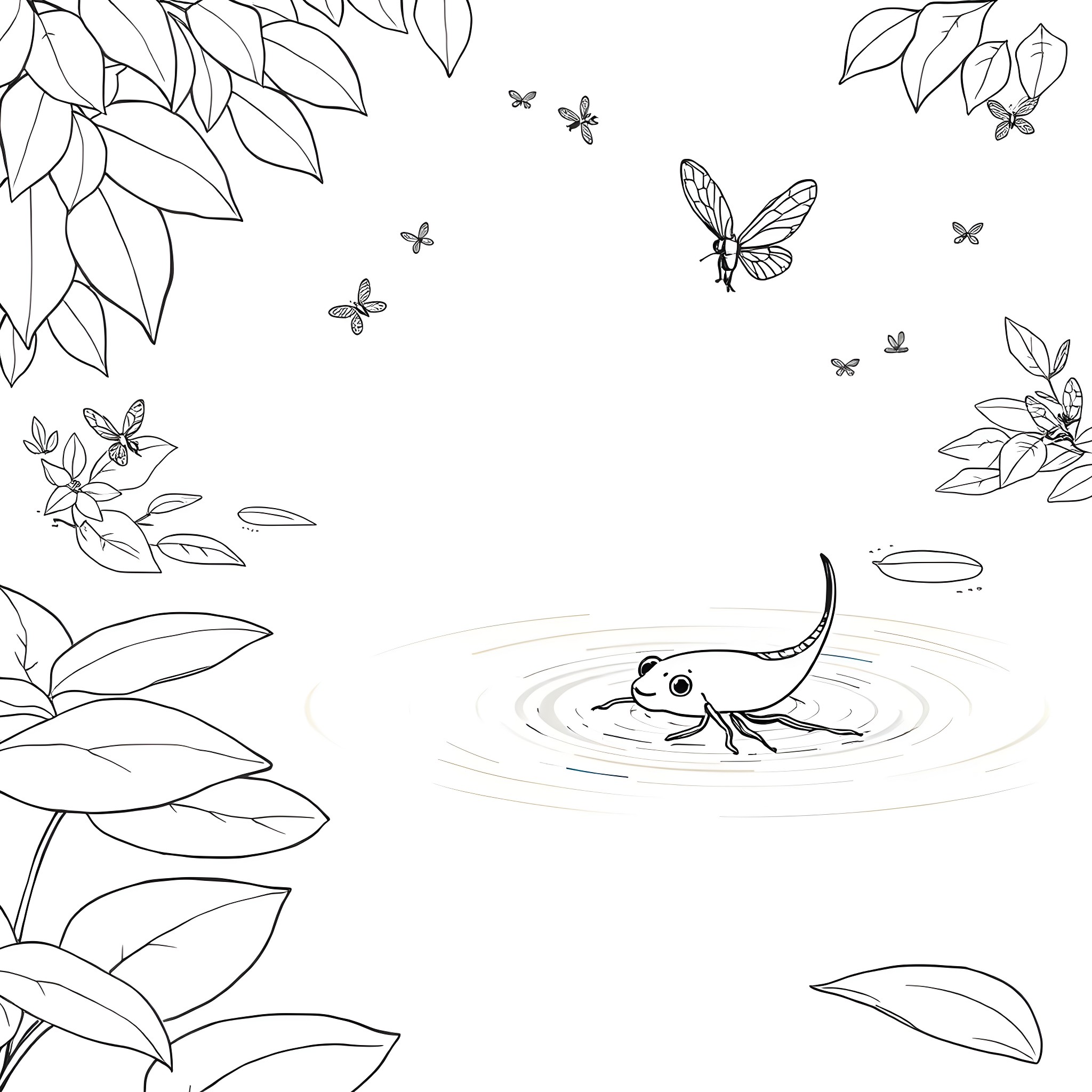 Water Flea swimming in the pond with butterflies Coloring Page (free black-and-white line drawing printable PDF for all, from beginners to advanced learners, including children, teens, adults, and seniors)