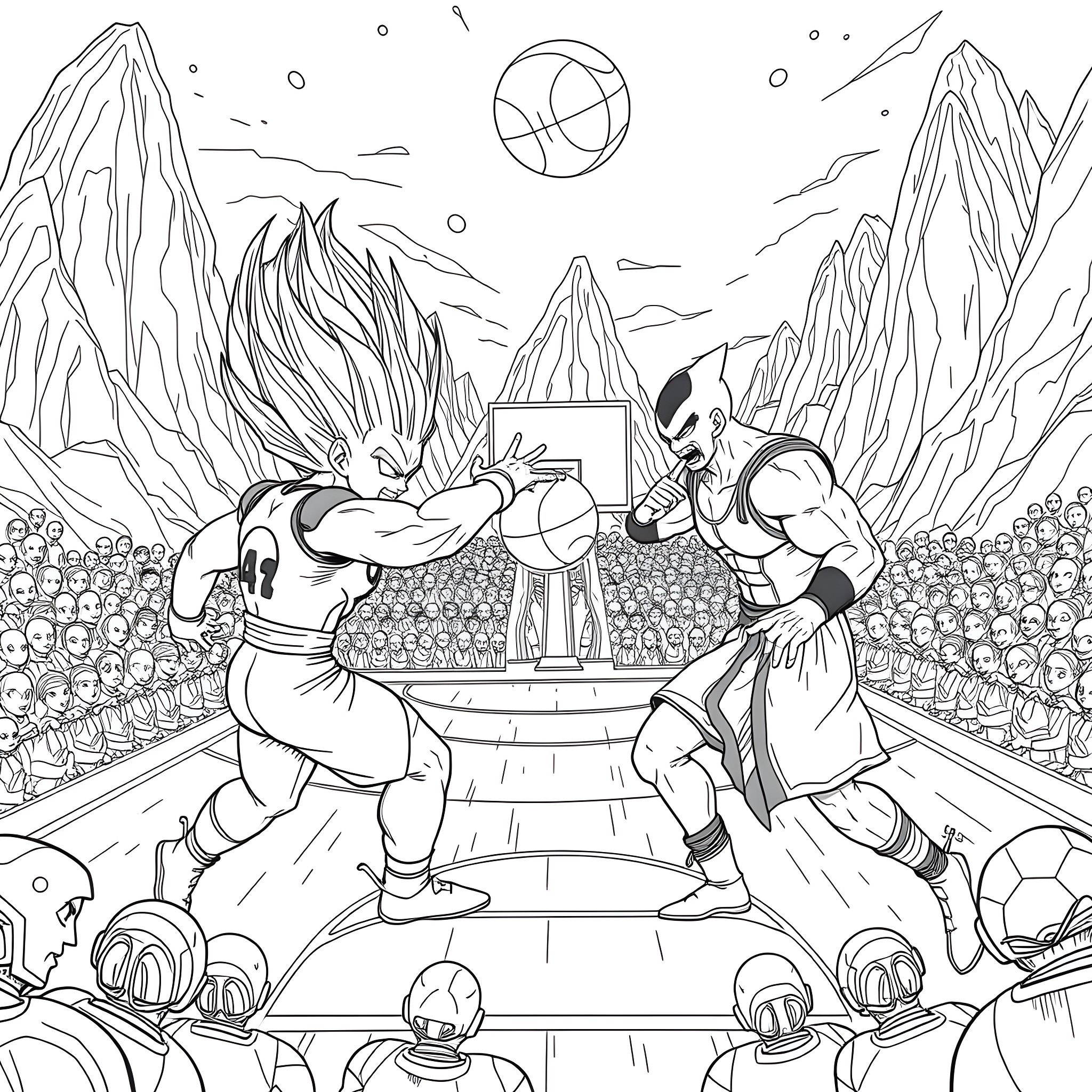 Vegeta Engaging in Fierce Battle on Alien Planet Coloring Page (free black-and-white line drawing printable PDF for all, from beginners to advanced learners, including children, teens, adults, and seniors)