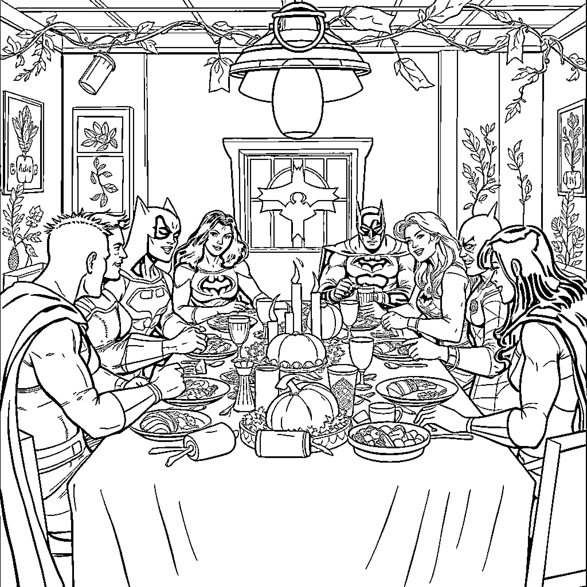 Justice League Enjoying a Festive Feast Coloring Page (free black-and-white line drawing printable PDF for all, from beginners to advanced learners, including children, teens, adults, and seniors)