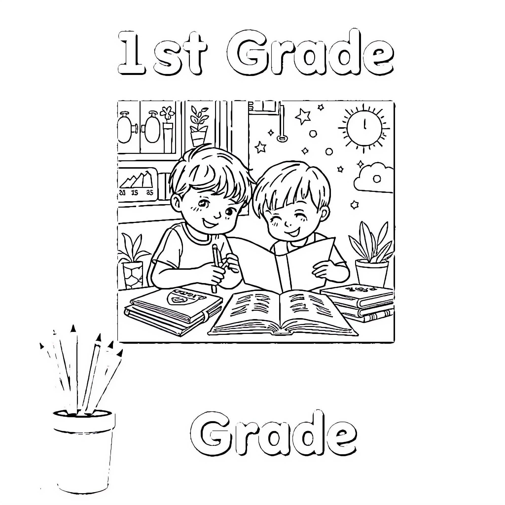 Kids learning and studying together in the classroom Coloring Page (free black-and-white line drawing printable PDF for all, from beginners to advanced learners, including children, teens, adults, and seniors)
