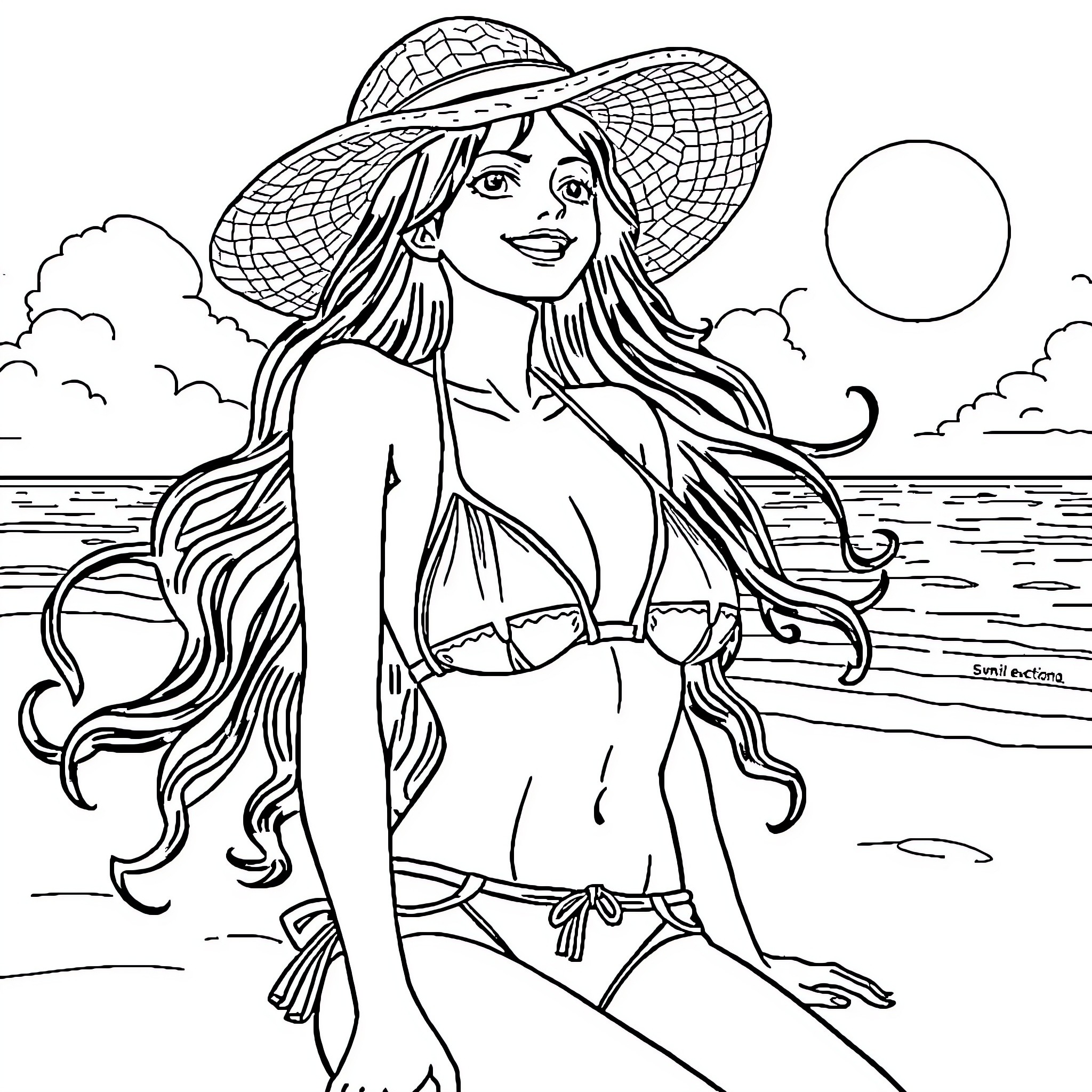 Nami enjoying a sunny day at the beach Coloring Page (free black-and-white line drawing printable PDF for all, from beginners to advanced learners, including children, teens, adults, and seniors)