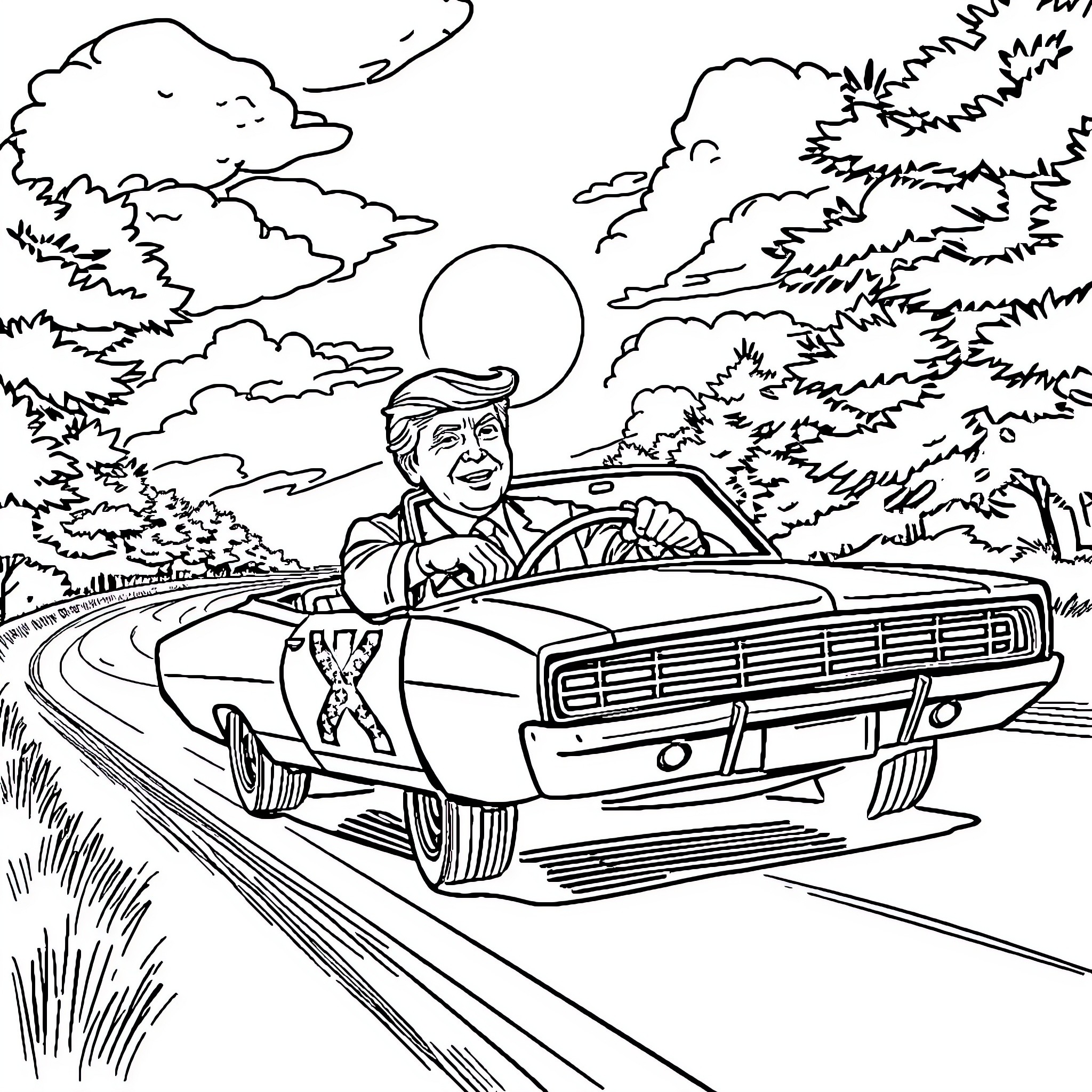 Trump driving his vintage car down a country road Coloring Page (free black-and-white line drawing printable PDF for all, from beginners to advanced learners, including children, teens, adults, and seniors)