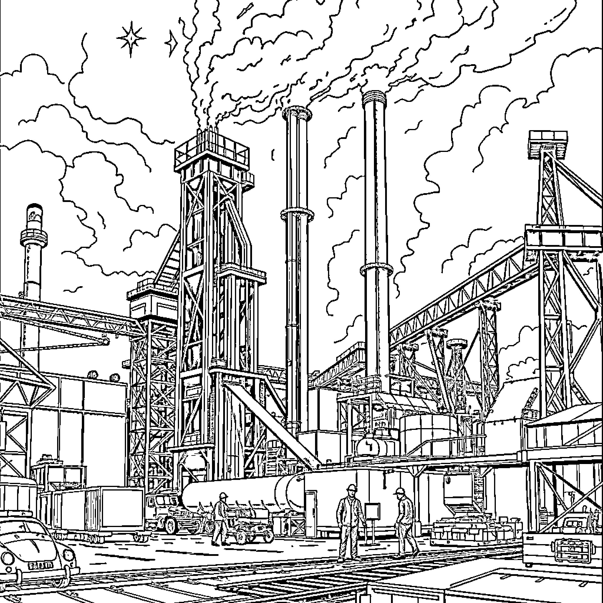 Steel Towers and Machinery at Industrial Site Coloring Page (free black-and-white line drawing printable PDF for all, from beginners to advanced learners, including children, teens, adults, and seniors)