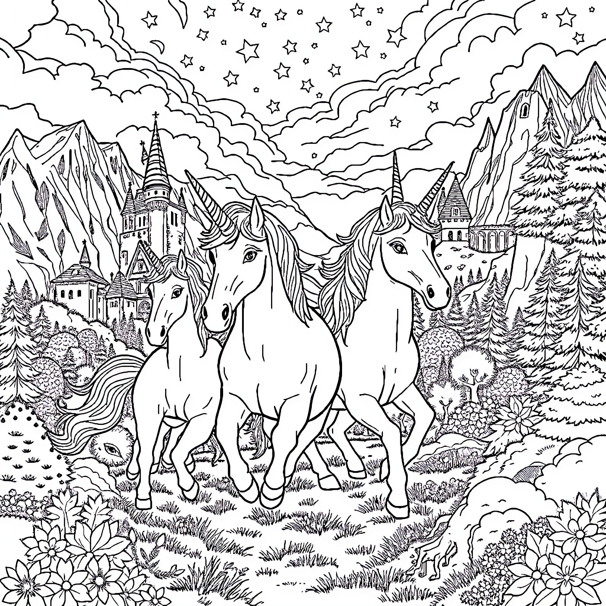 Unicorn Trio Frolicking in Enchanted Landscape Coloring Page (free black-and-white line drawing printable PDF for all, from beginners to advanced learners, including children, teens, adults, and seniors)