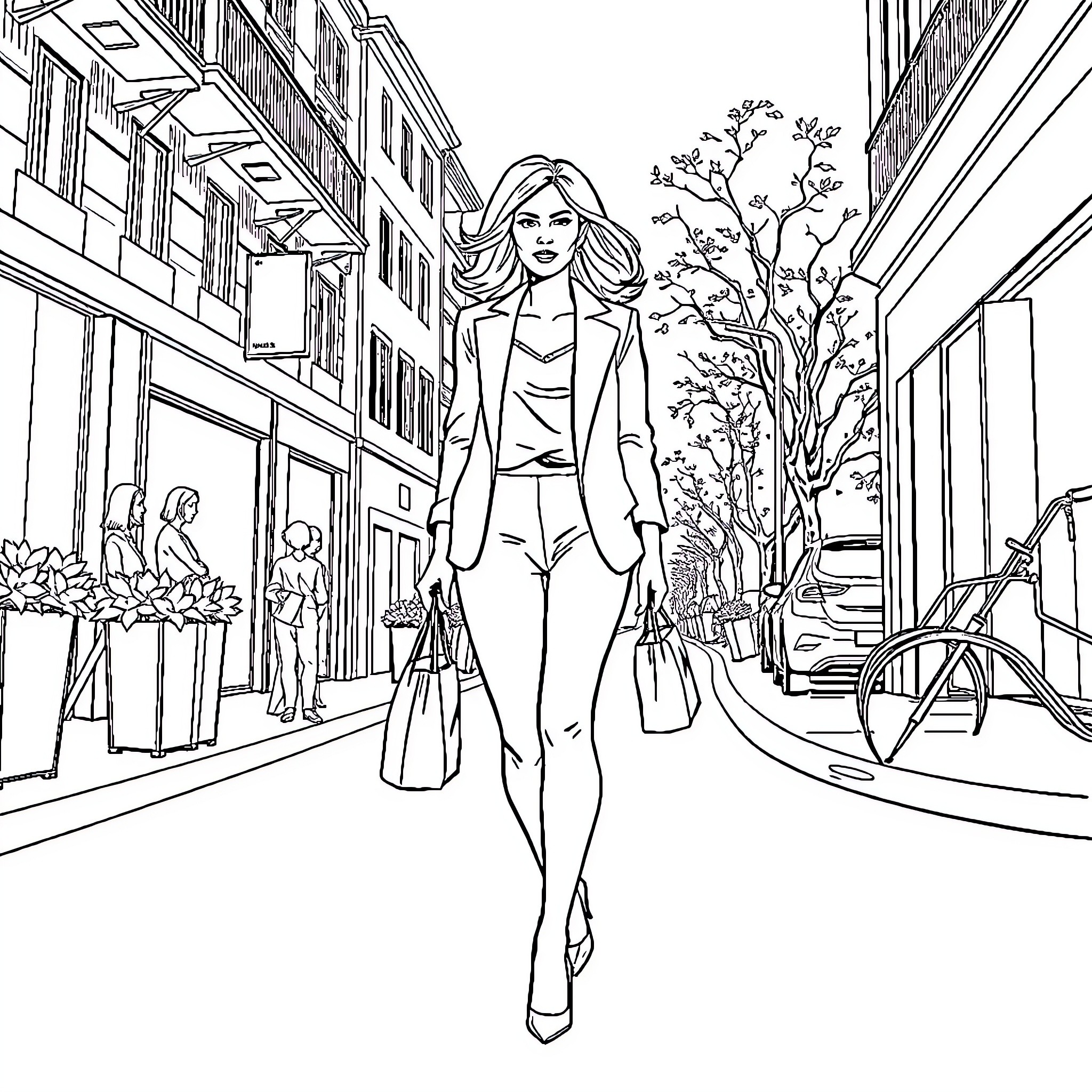 Woman strolling confidently through city streets Coloring Page (free black-and-white line drawing printable PDF for all, from beginners to advanced learners, including children, teens, adults, and seniors)