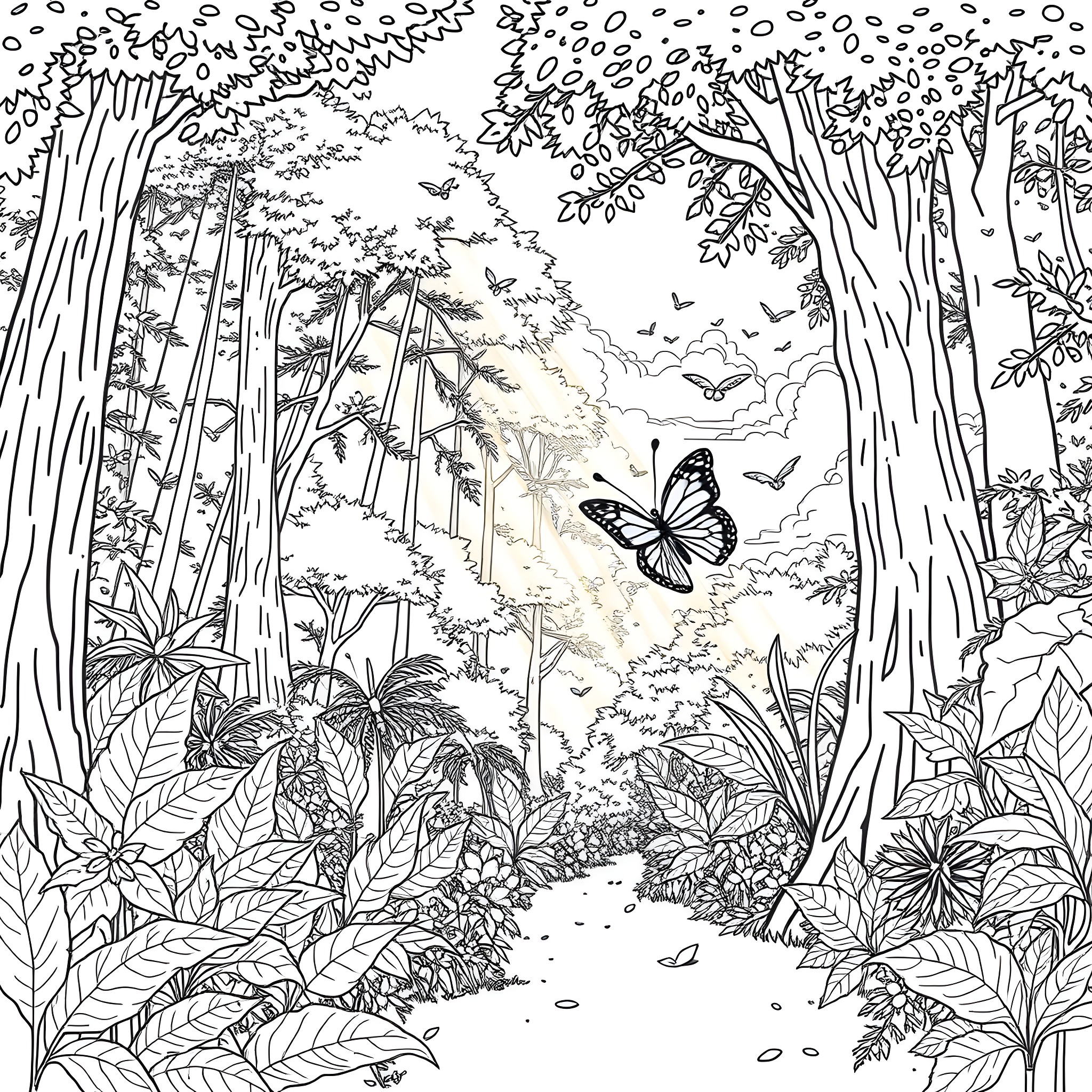 Butterfly in the Enchanted Forest Coloring Page (free black-and-white line drawing printable PDF for all, from beginners to advanced learners, including children, teens, adults, and seniors)
