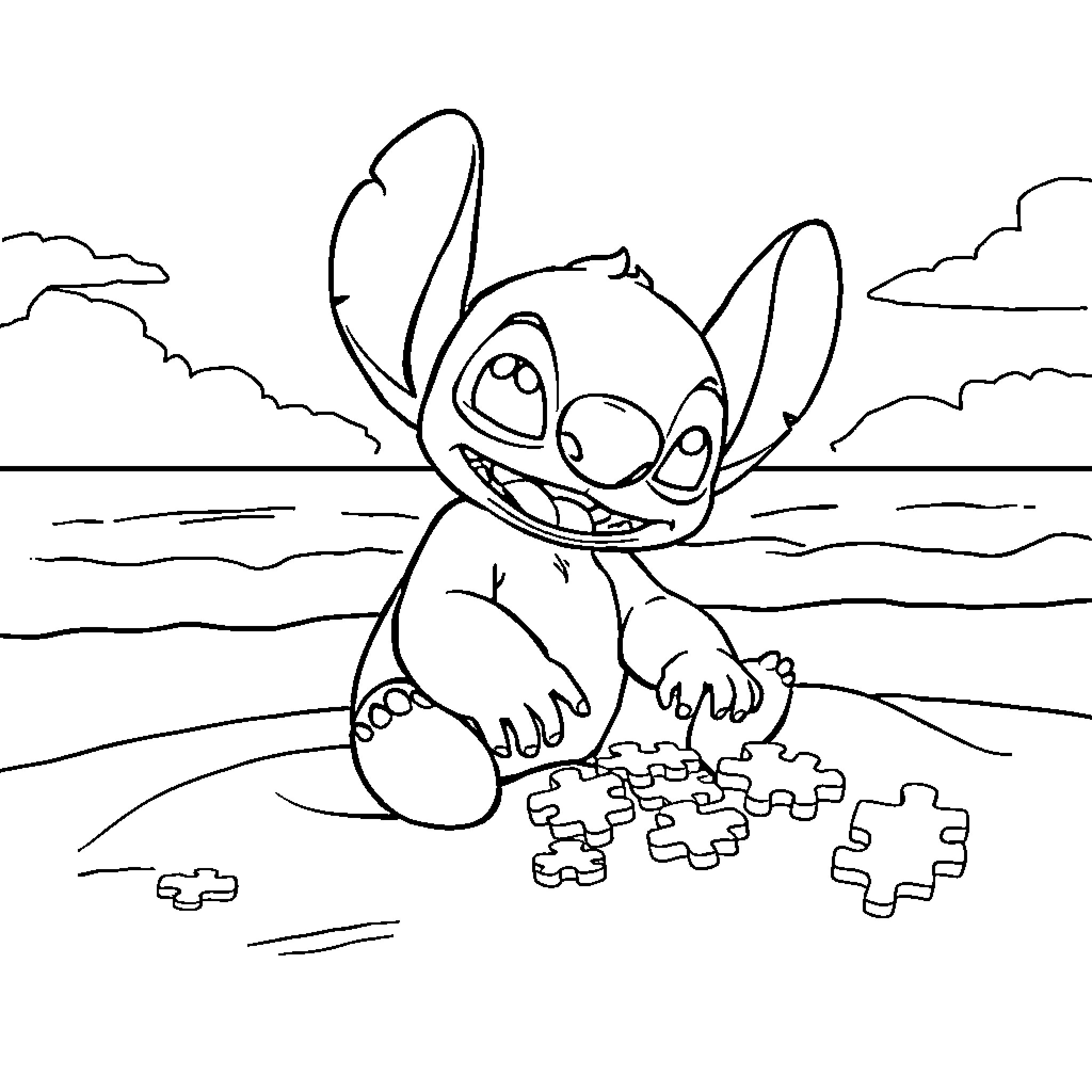 Stitch playing joyfully with puzzles on the beach Coloring Page (free black-and-white line drawing printable PDF for all, from beginners to advanced learners, including children, teens, adults, and seniors)