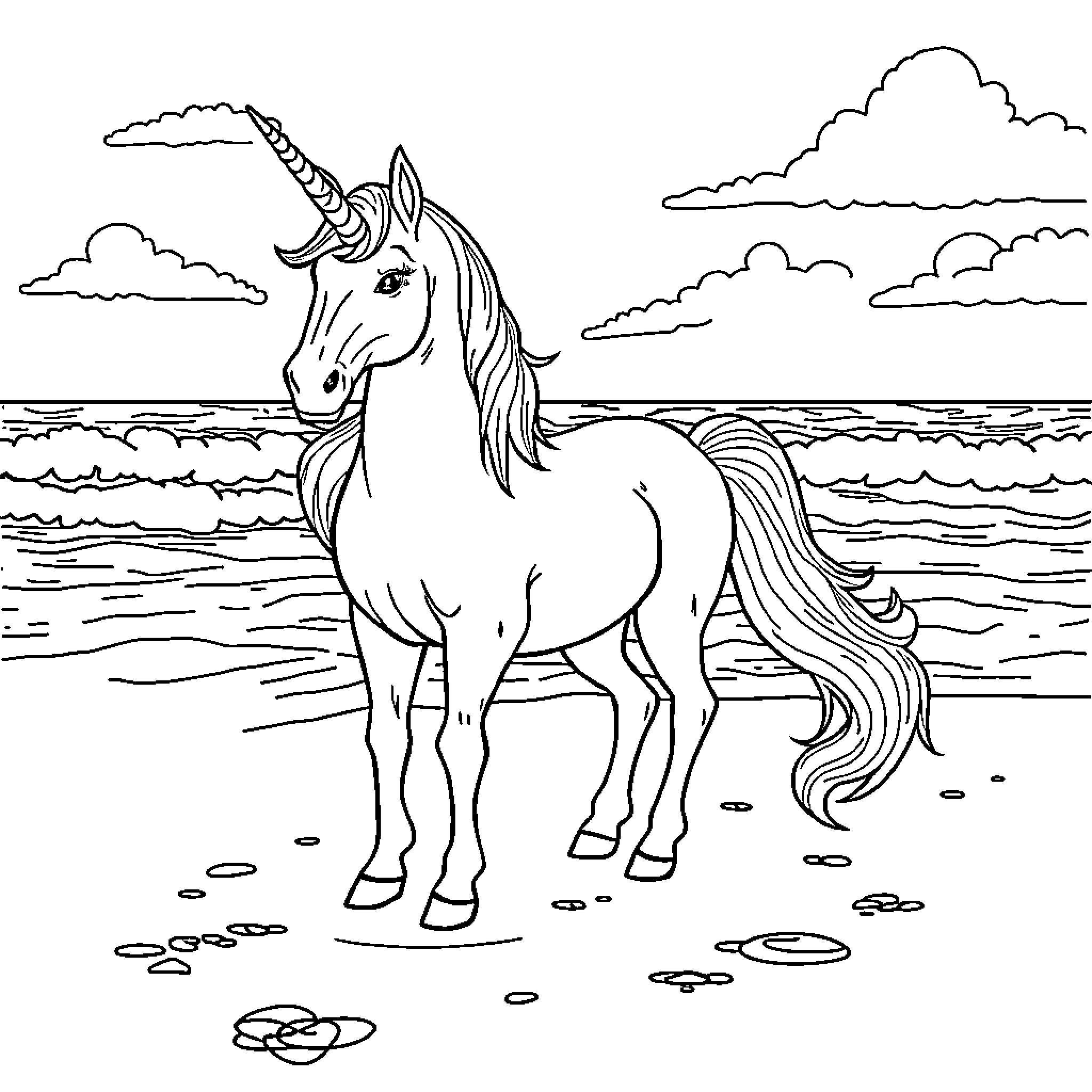 Unicorn standing majestic on the beach Coloring Page (free black-and-white line drawing printable PDF for all, from beginners to advanced learners, including children, teens, adults, and seniors)