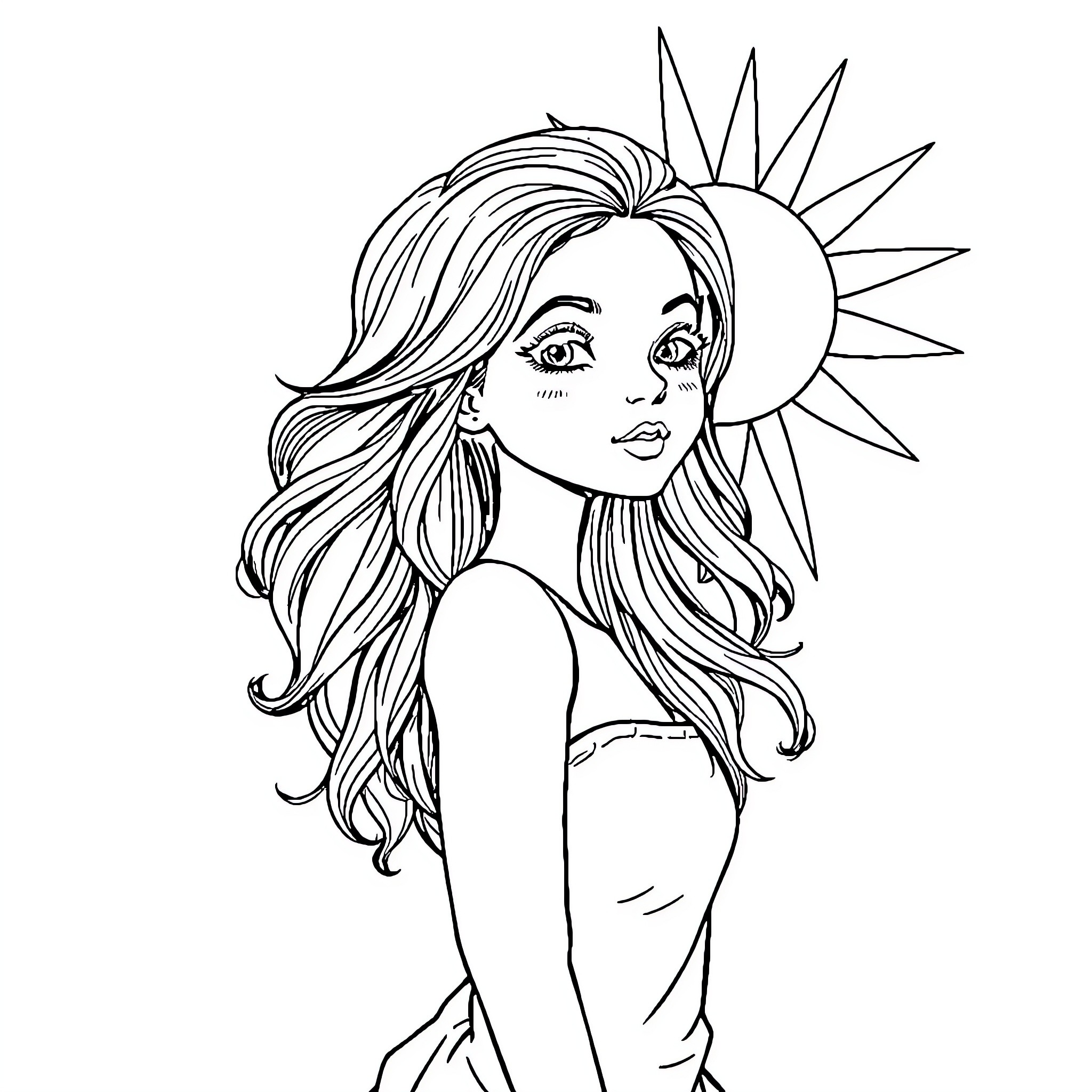 Girl with Flowing Hair and Sun Rays Coloring Page (free black-and-white line drawing printable PDF for all, from beginners to advanced learners, including children, teens, adults, and seniors)
