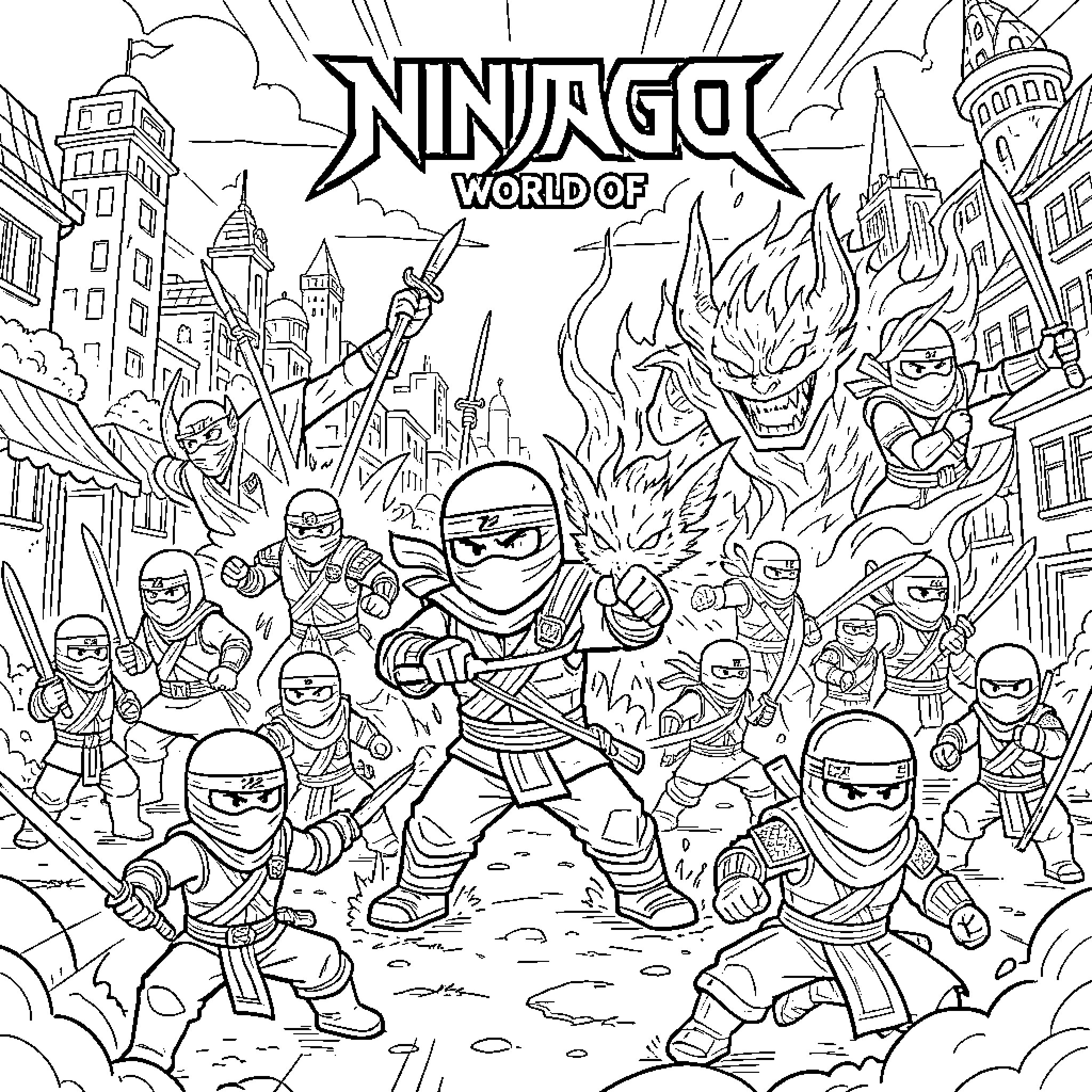 Ninjago: Heroic Ninjas Confront Evil in the City Coloring Page (free black-and-white line drawing printable PDF for all, from beginners to advanced learners, including children, teens, adults, and seniors)